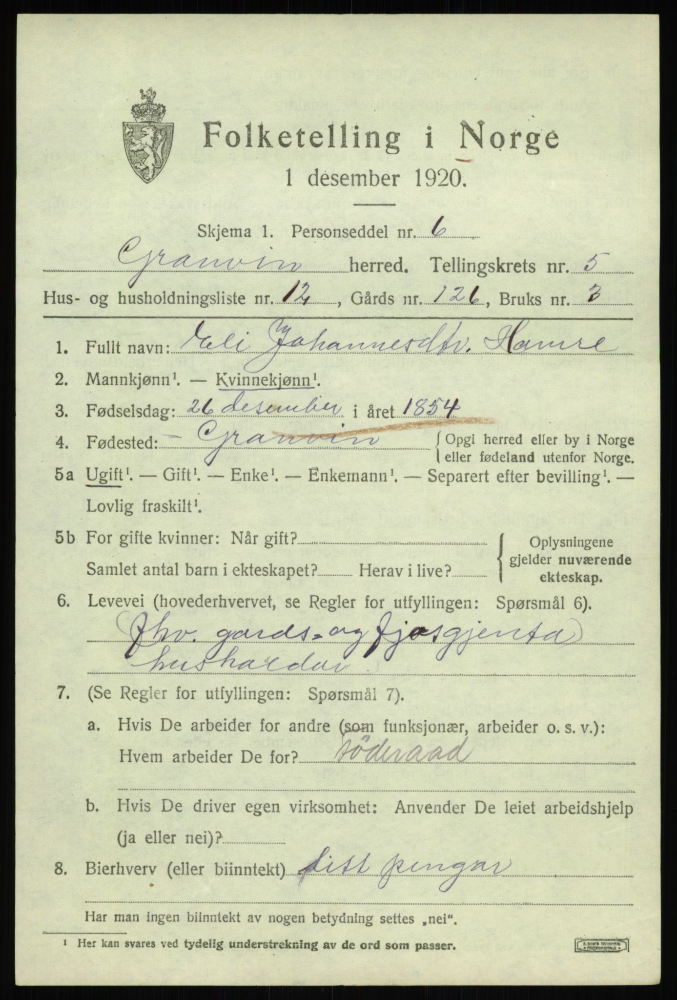 SAB, 1920 census for Granvin, 1920, p. 2500