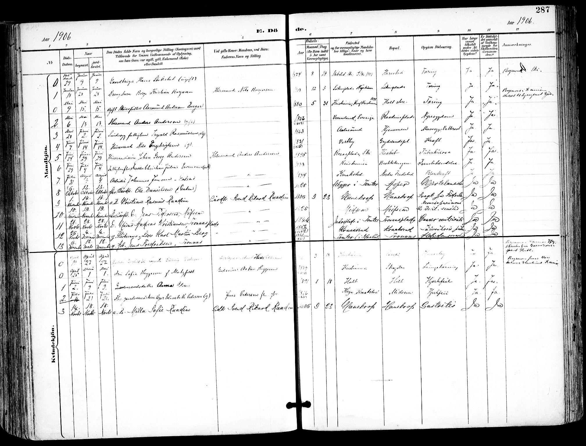 Kråkstad prestekontor Kirkebøker, SAO/A-10125a/F/Fa/L0010: Parish register (official) no. I 10, 1893-1931, p. 287