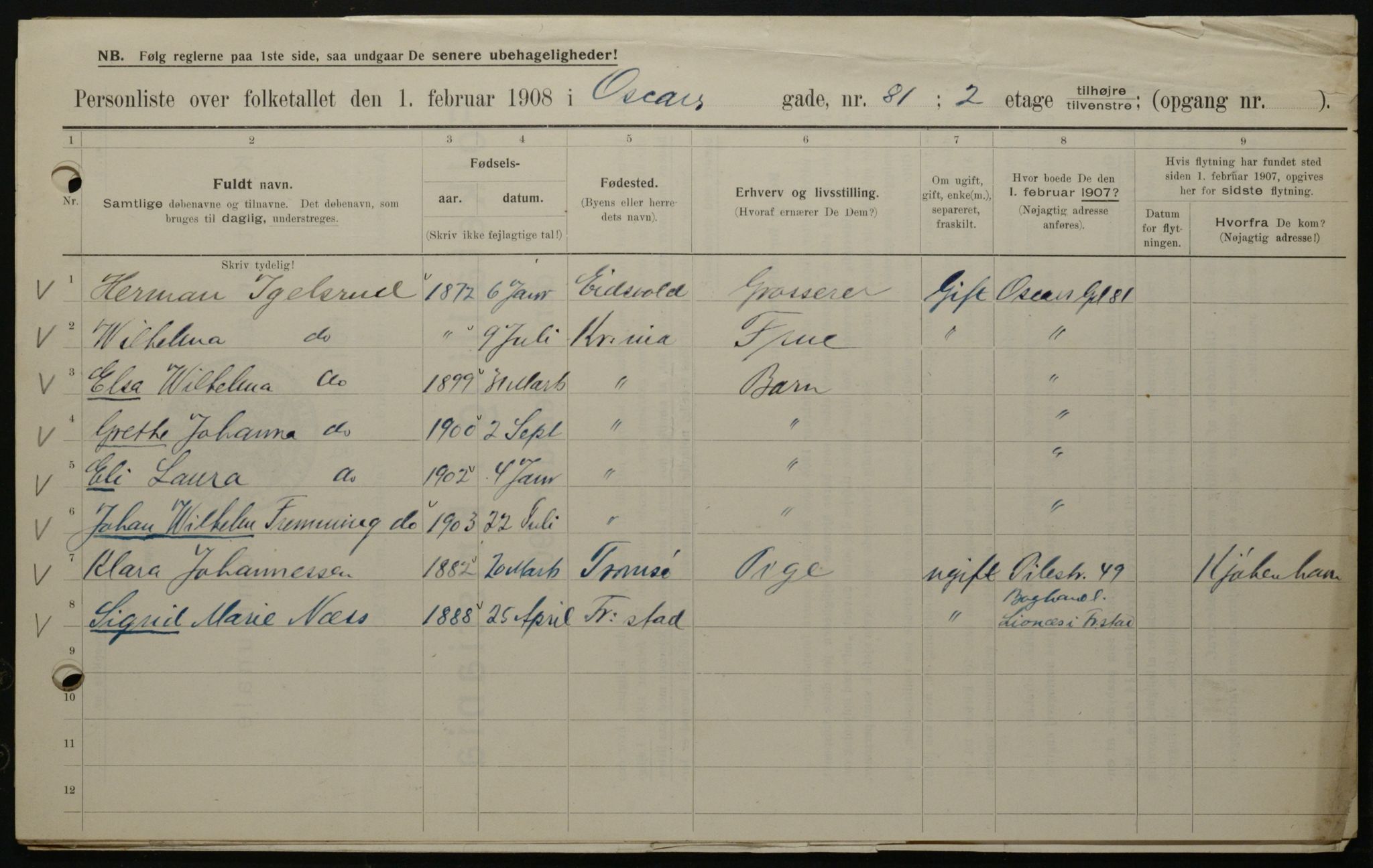 OBA, Municipal Census 1908 for Kristiania, 1908, p. 68872