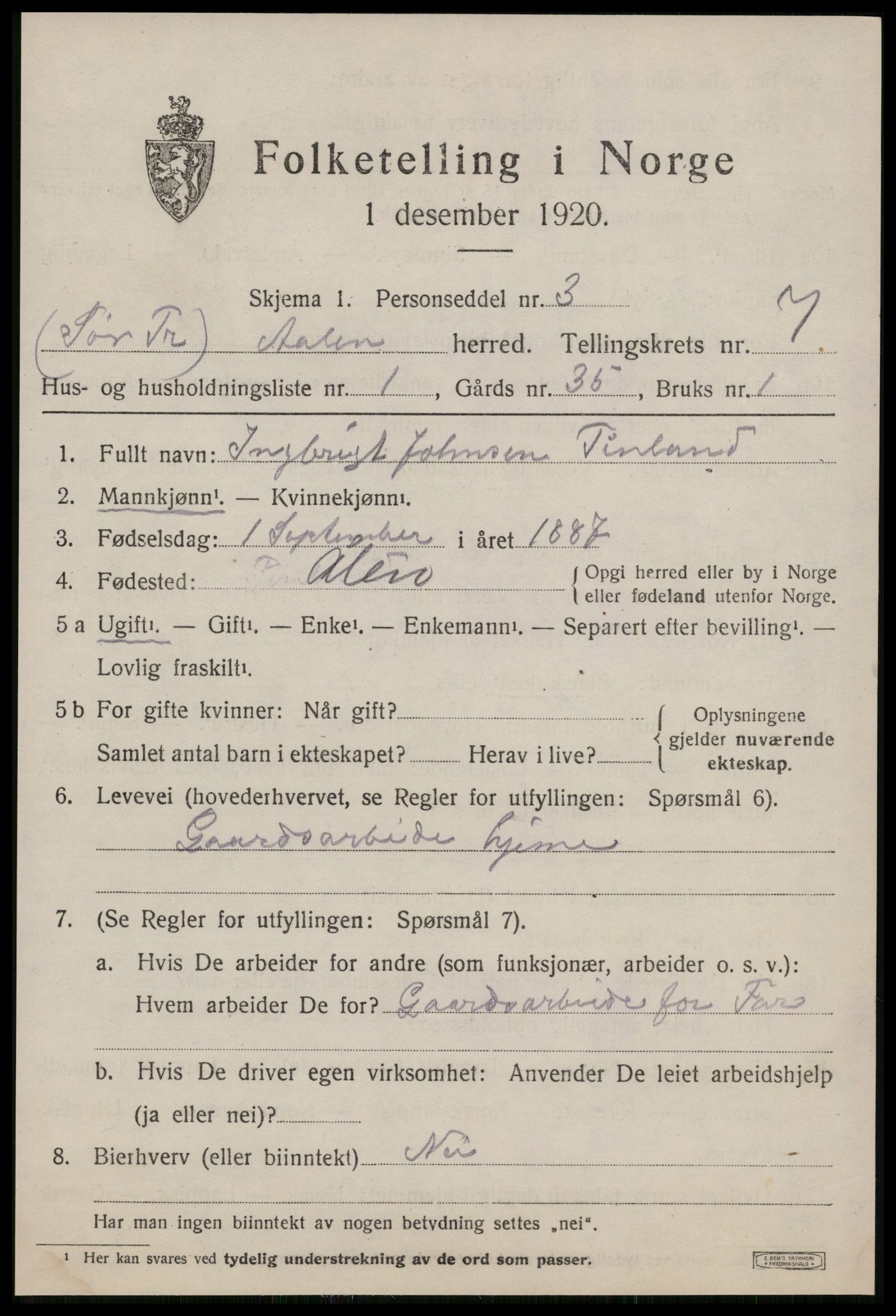 SAT, 1920 census for Ålen, 1920, p. 3372