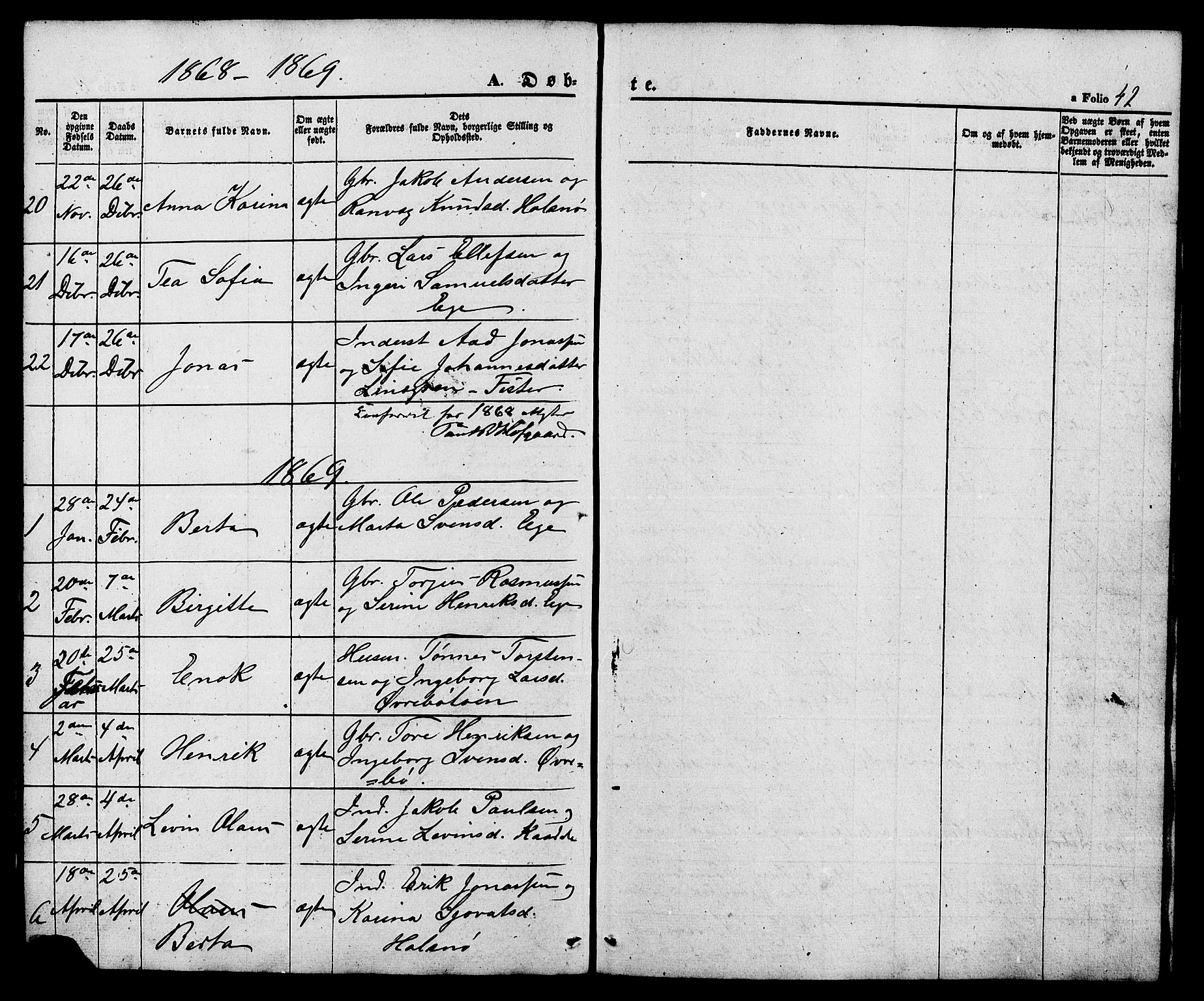 Hjelmeland sokneprestkontor, SAST/A-101843/01/V/L0005: Parish register (copy) no. B 5, 1853-1892, p. 42