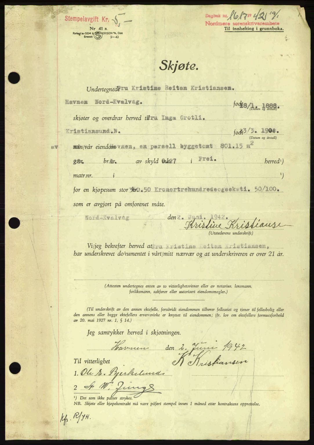 Nordmøre sorenskriveri, AV/SAT-A-4132/1/2/2Ca: Mortgage book no. A93, 1942-1942, Diary no: : 1617/1942