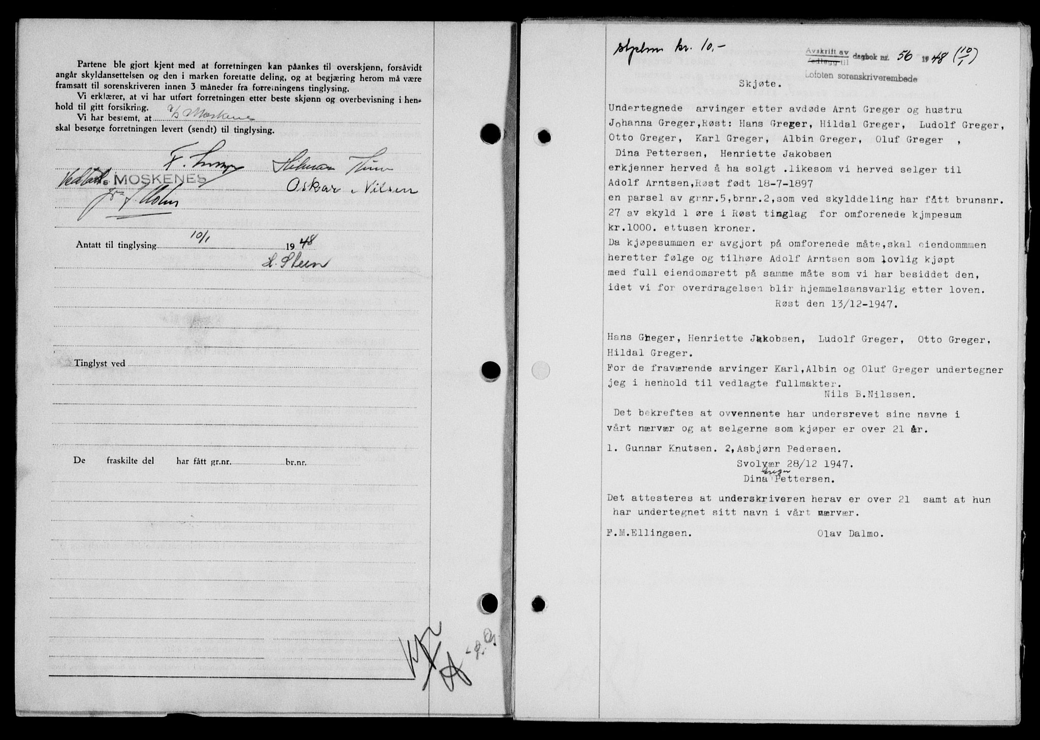 Lofoten sorenskriveri, SAT/A-0017/1/2/2C/L0017a: Mortgage book no. 17a, 1947-1948, Diary no: : 56/1948