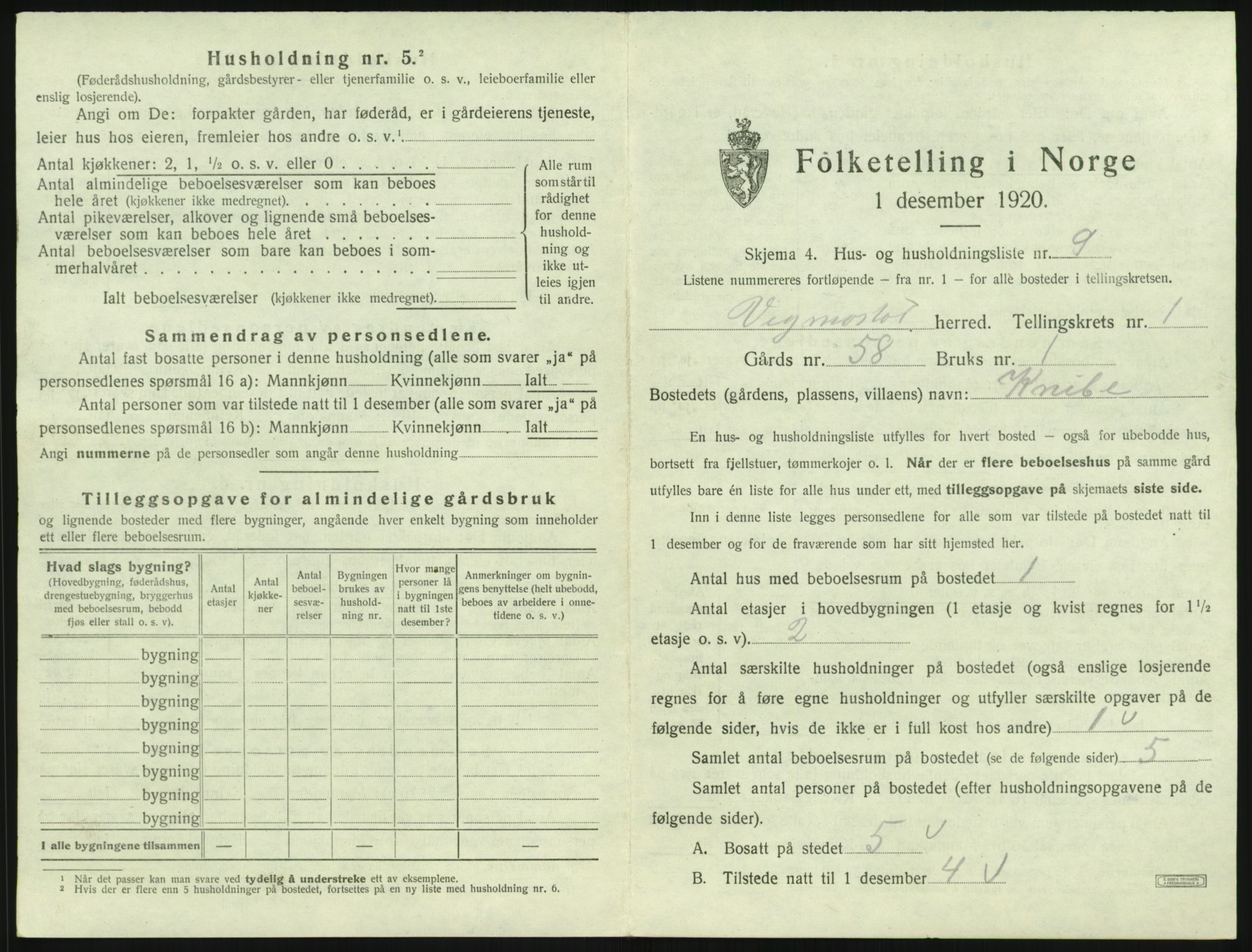 SAK, 1920 census for Vigmostad, 1920, p. 49