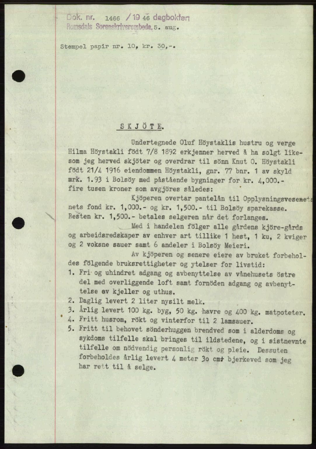 Romsdal sorenskriveri, AV/SAT-A-4149/1/2/2C: Mortgage book no. A20, 1946-1946, Diary no: : 1466/1946