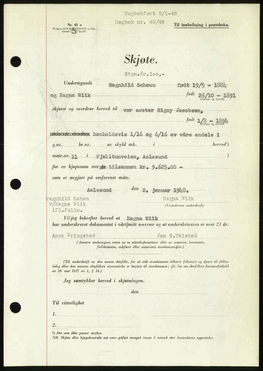 Ålesund byfogd, AV/SAT-A-4384: Mortgage book no. 37A (1), 1947-1949, Diary no: : 42/1948