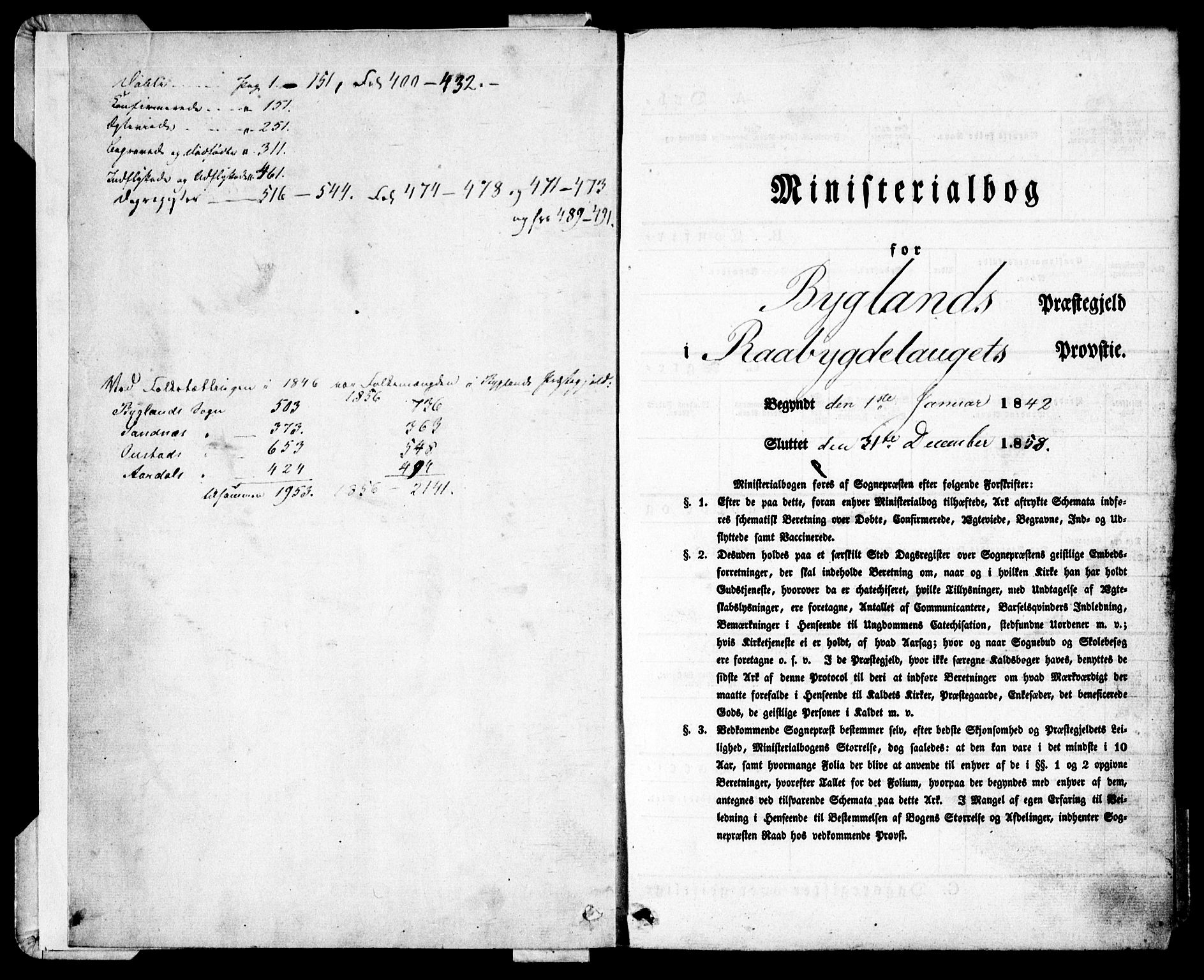 Bygland sokneprestkontor, AV/SAK-1111-0006/F/Fa/Fab/L0004: Parish register (official) no. A 4, 1842-1858