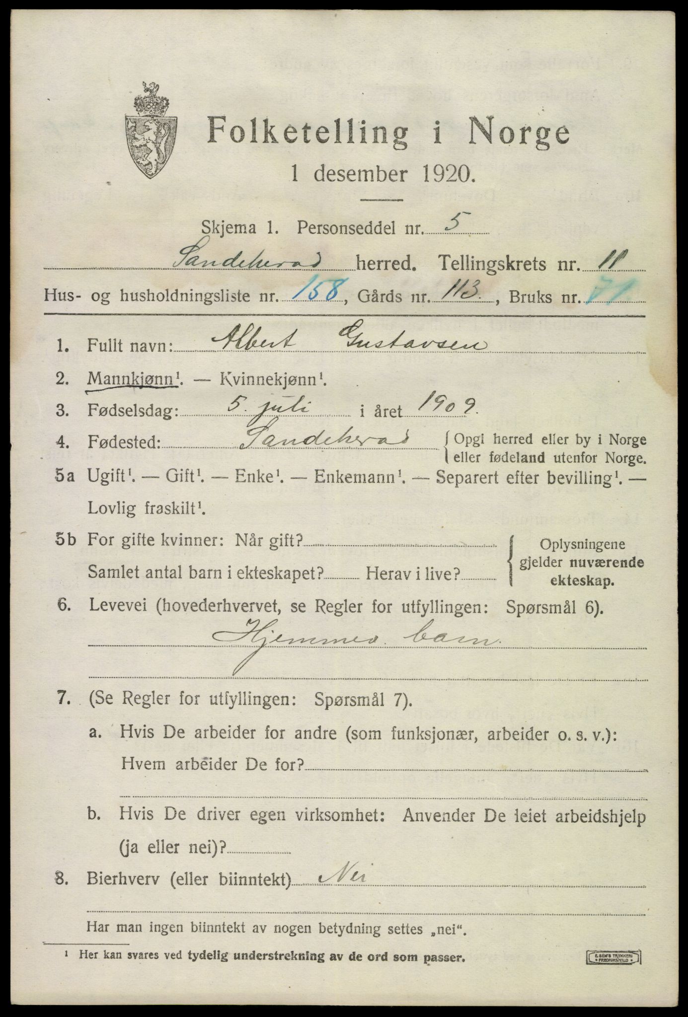 SAKO, 1920 census for Sandeherred, 1920, p. 18084