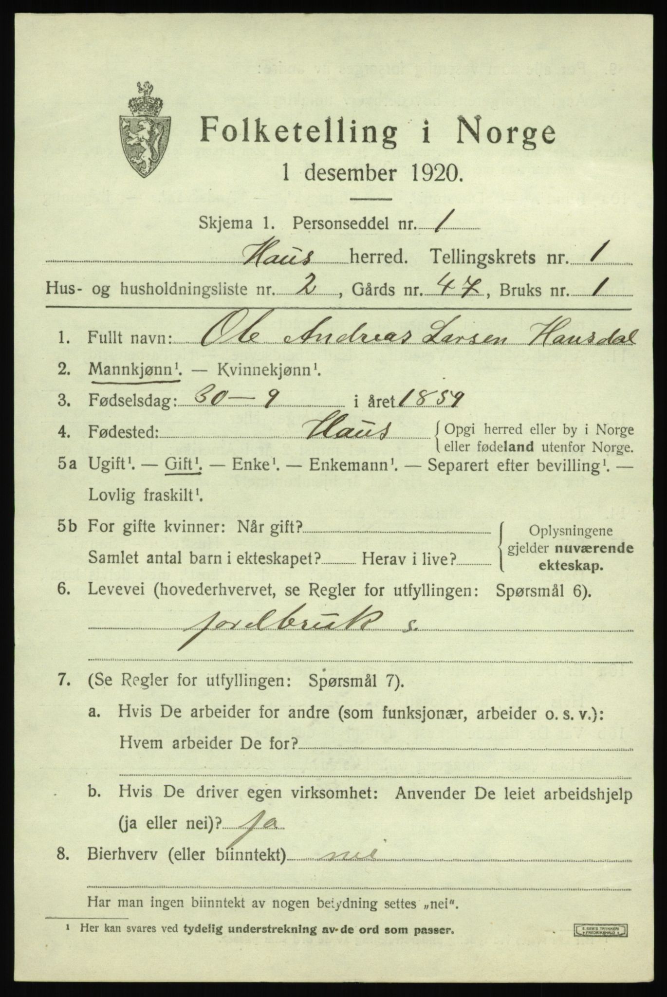 SAB, 1920 census for Haus, 1920, p. 1705
