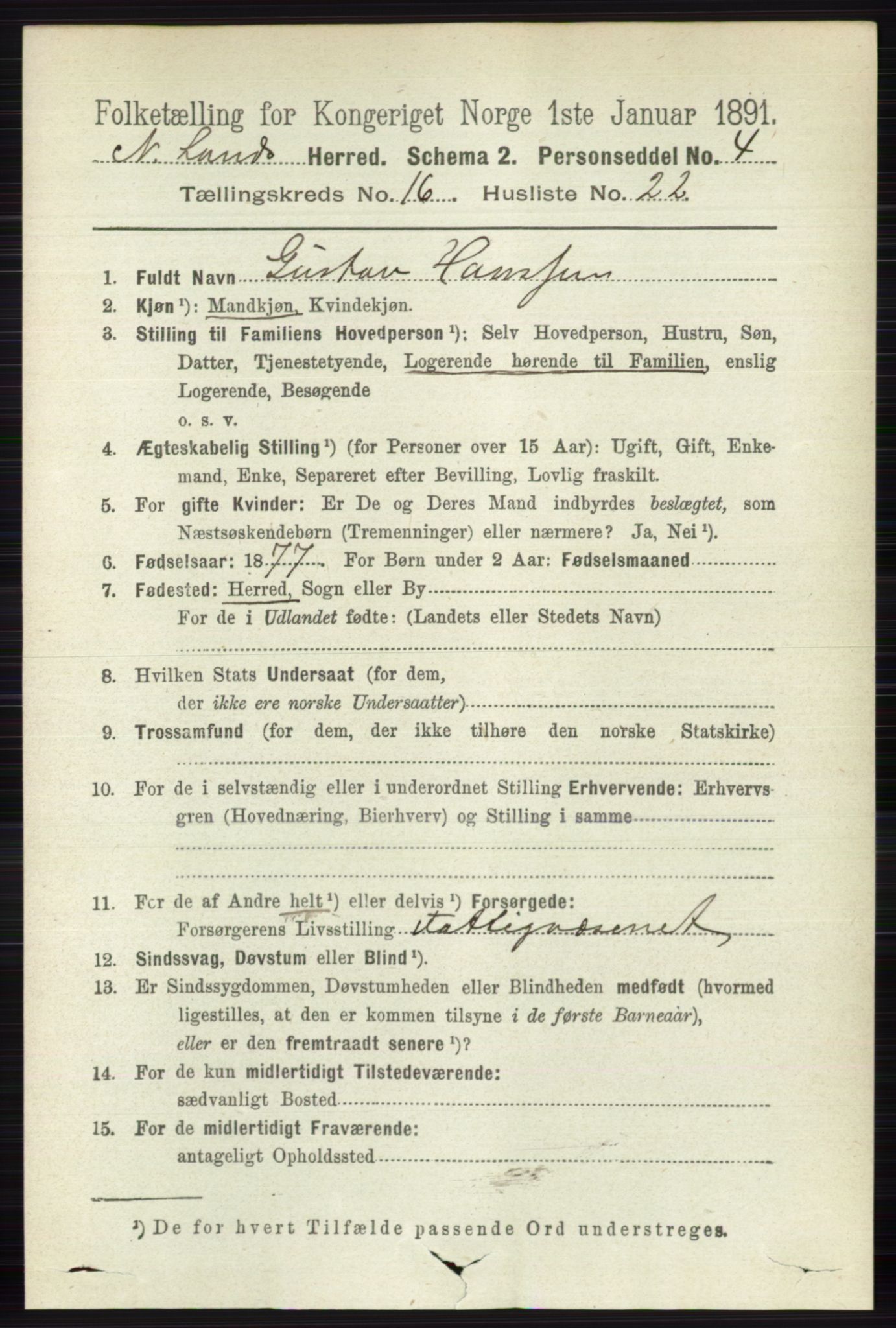 RA, 1891 census for 0538 Nordre Land, 1891, p. 4263