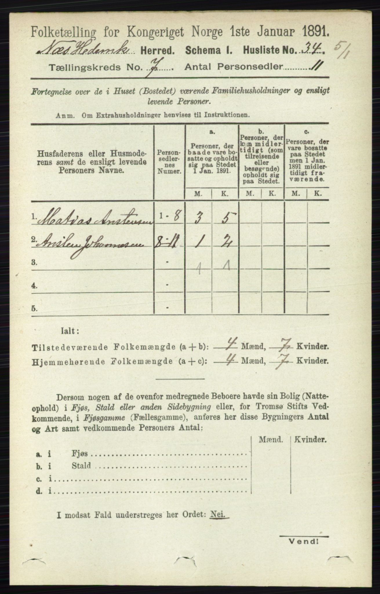 RA, 1891 census for 0411 Nes, 1891, p. 3862