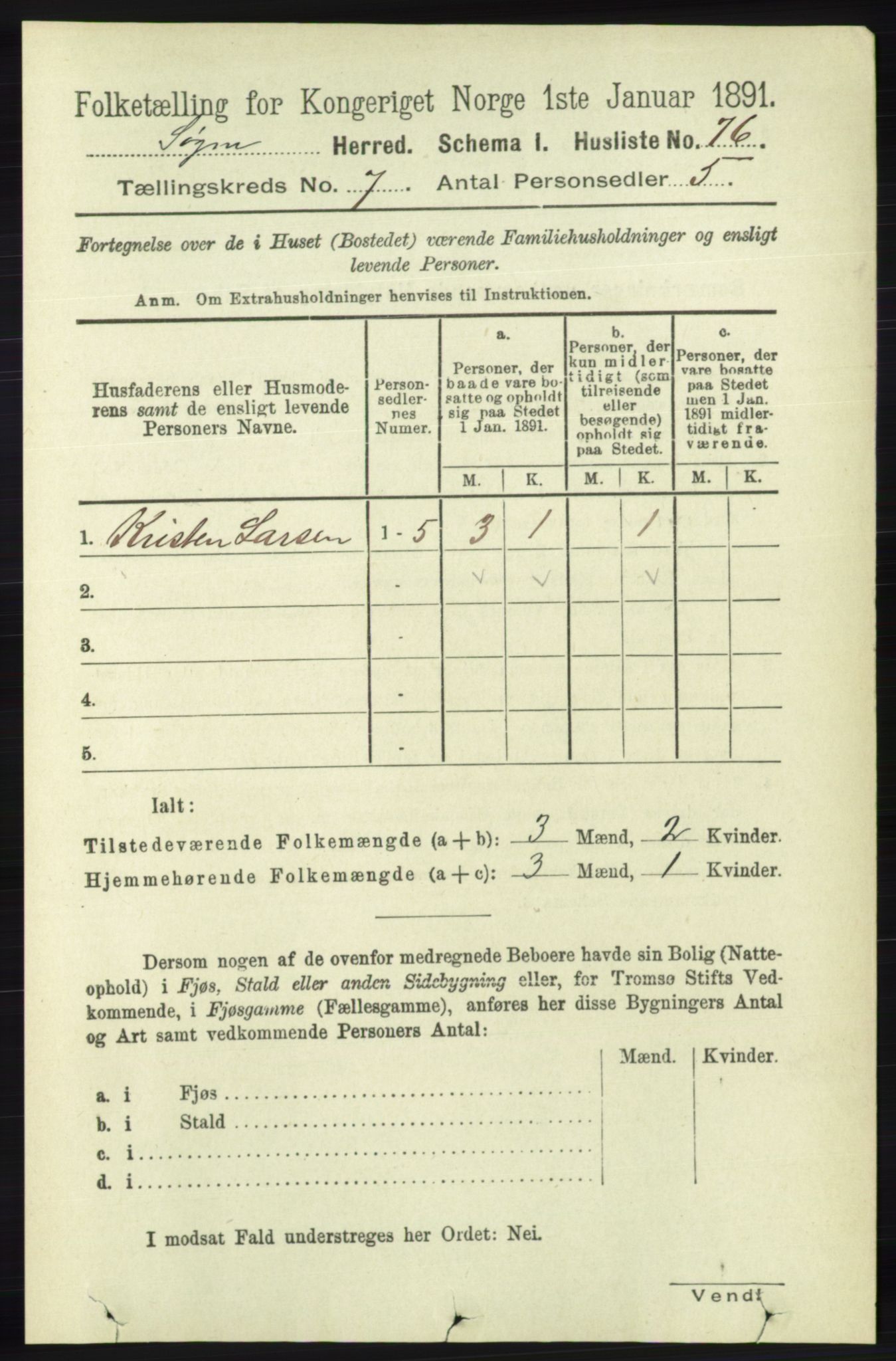 RA, 1891 census for 1018 Søgne, 1891, p. 1499