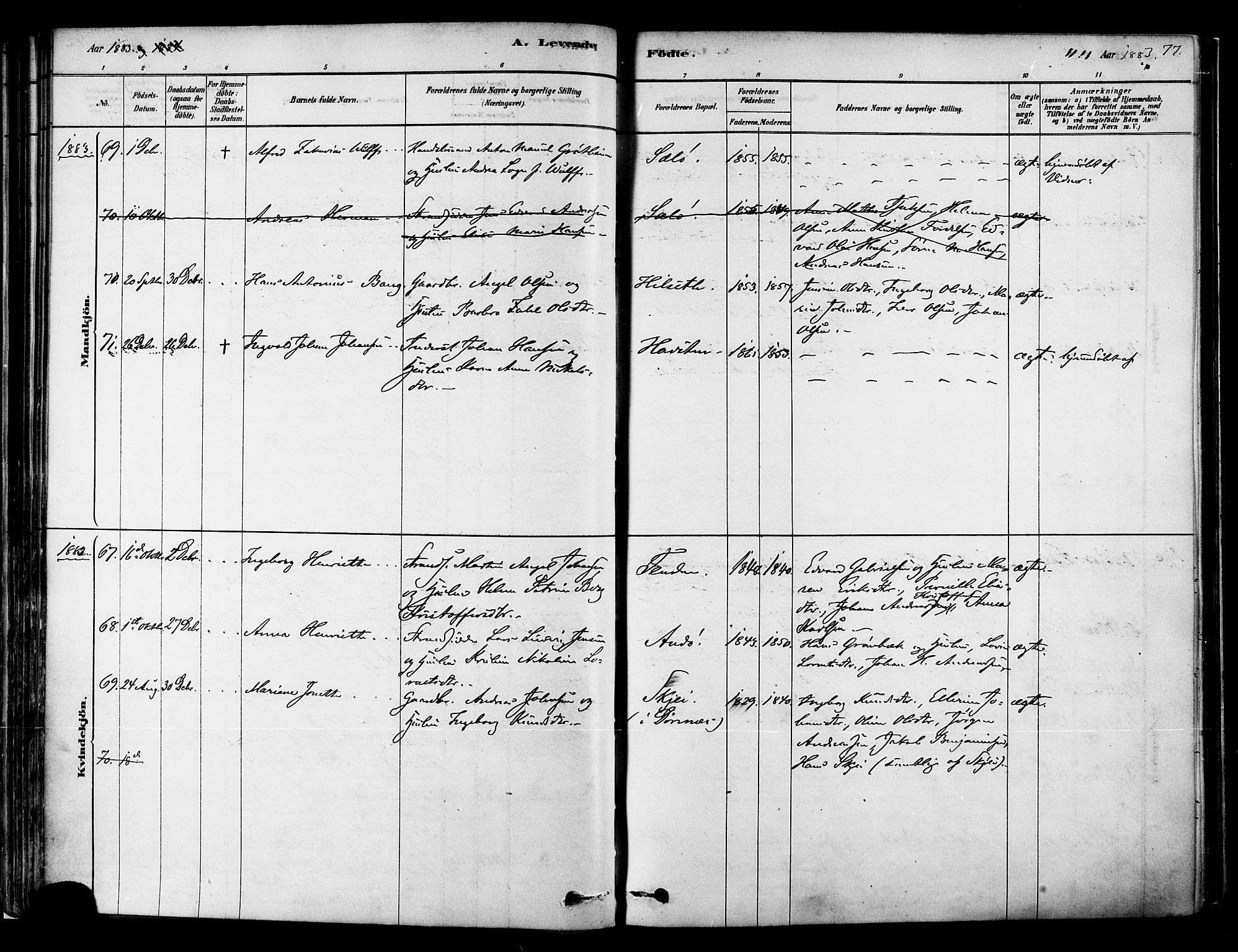 Ministerialprotokoller, klokkerbøker og fødselsregistre - Nordland, AV/SAT-A-1459/834/L0507: Parish register (official) no. 834A05, 1878-1892, p. 77