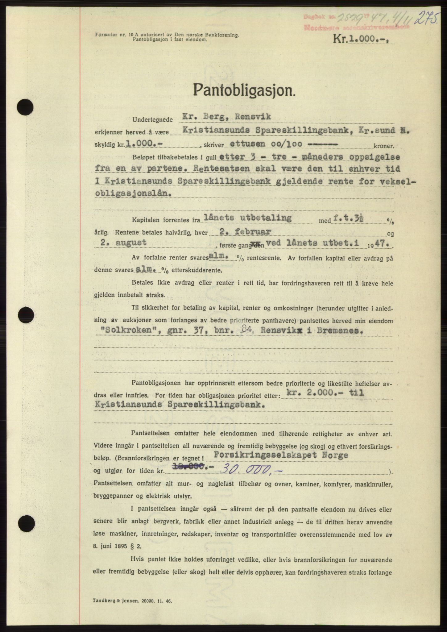 Nordmøre sorenskriveri, AV/SAT-A-4132/1/2/2Ca: Mortgage book no. B97, 1947-1948, Diary no: : 2529/1947