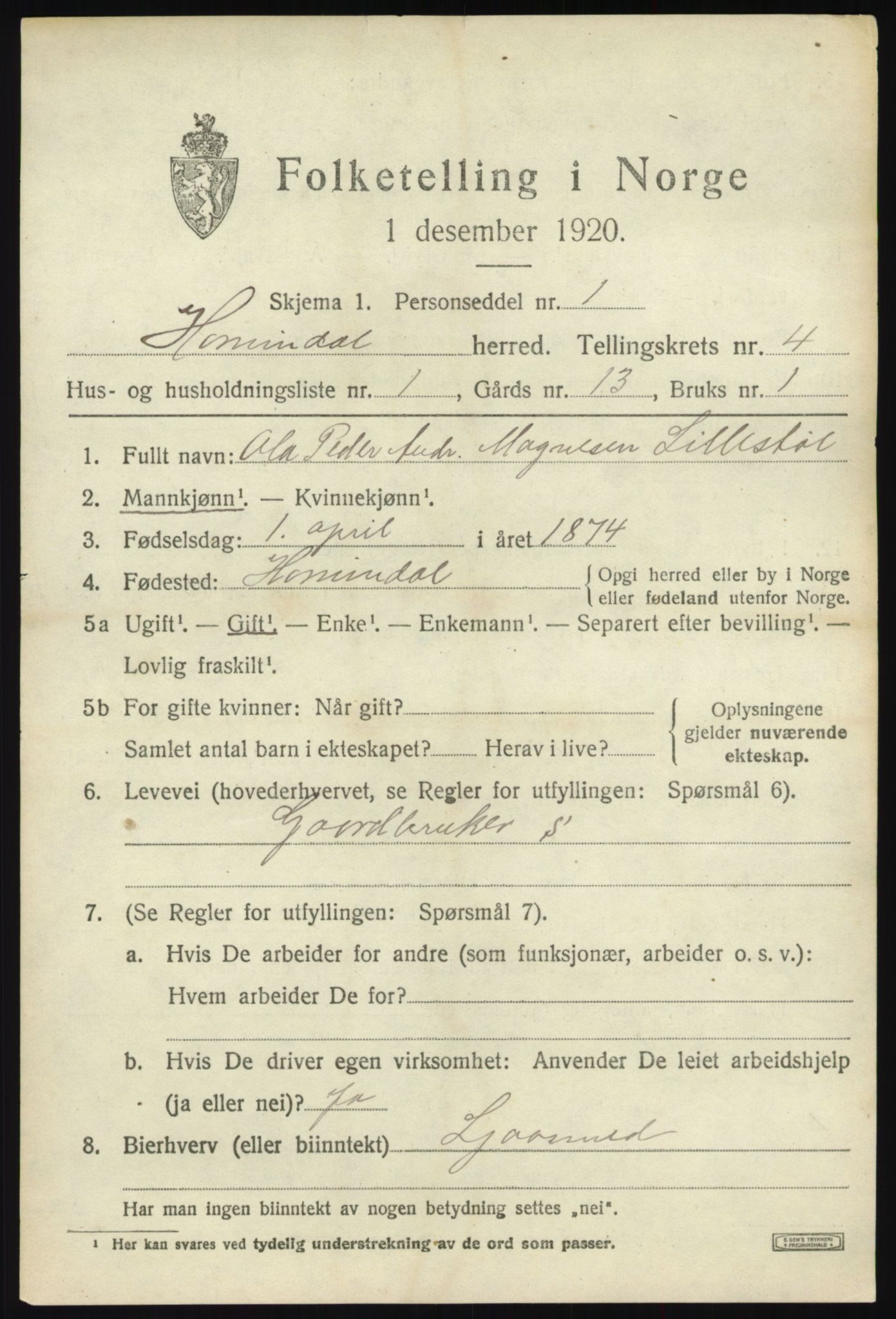 SAB, 1920 census for Hornindal, 1920, p. 1758