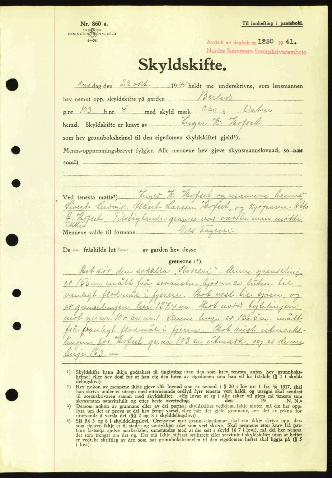 Nordre Sunnmøre sorenskriveri, AV/SAT-A-0006/1/2/2C/2Ca: Mortgage book no. A12, 1941-1942, Diary no: : 1830/1941