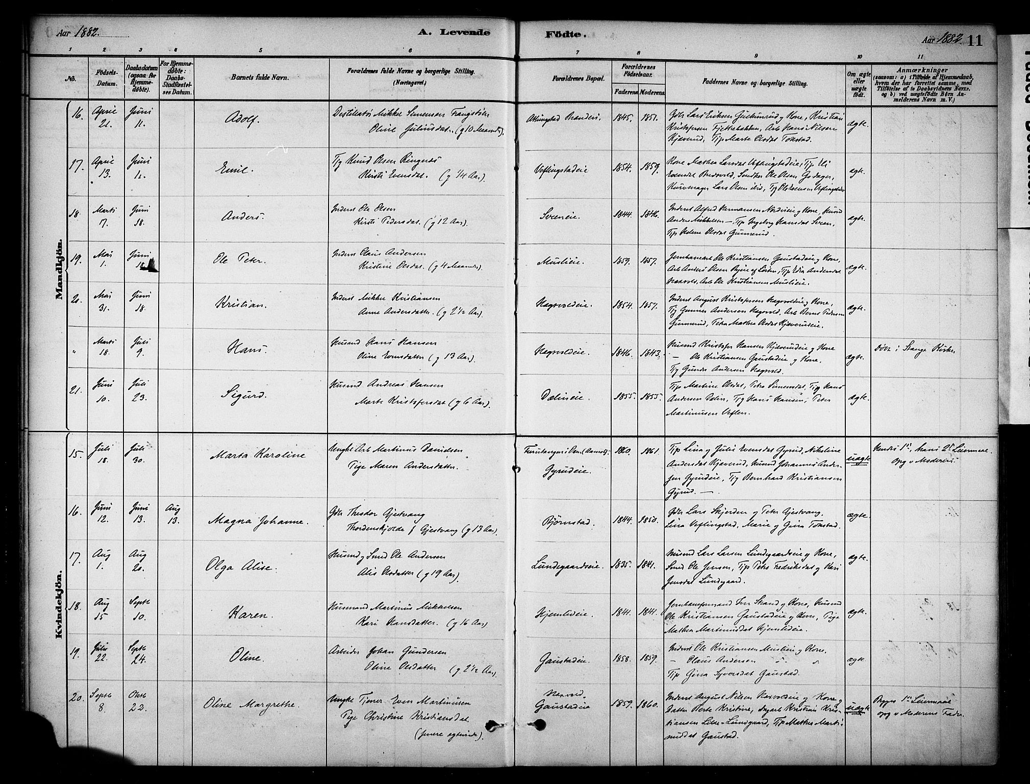 Stange prestekontor, SAH/PREST-002/K/L0019: Parish register (official) no. 19, 1880-1891, p. 11