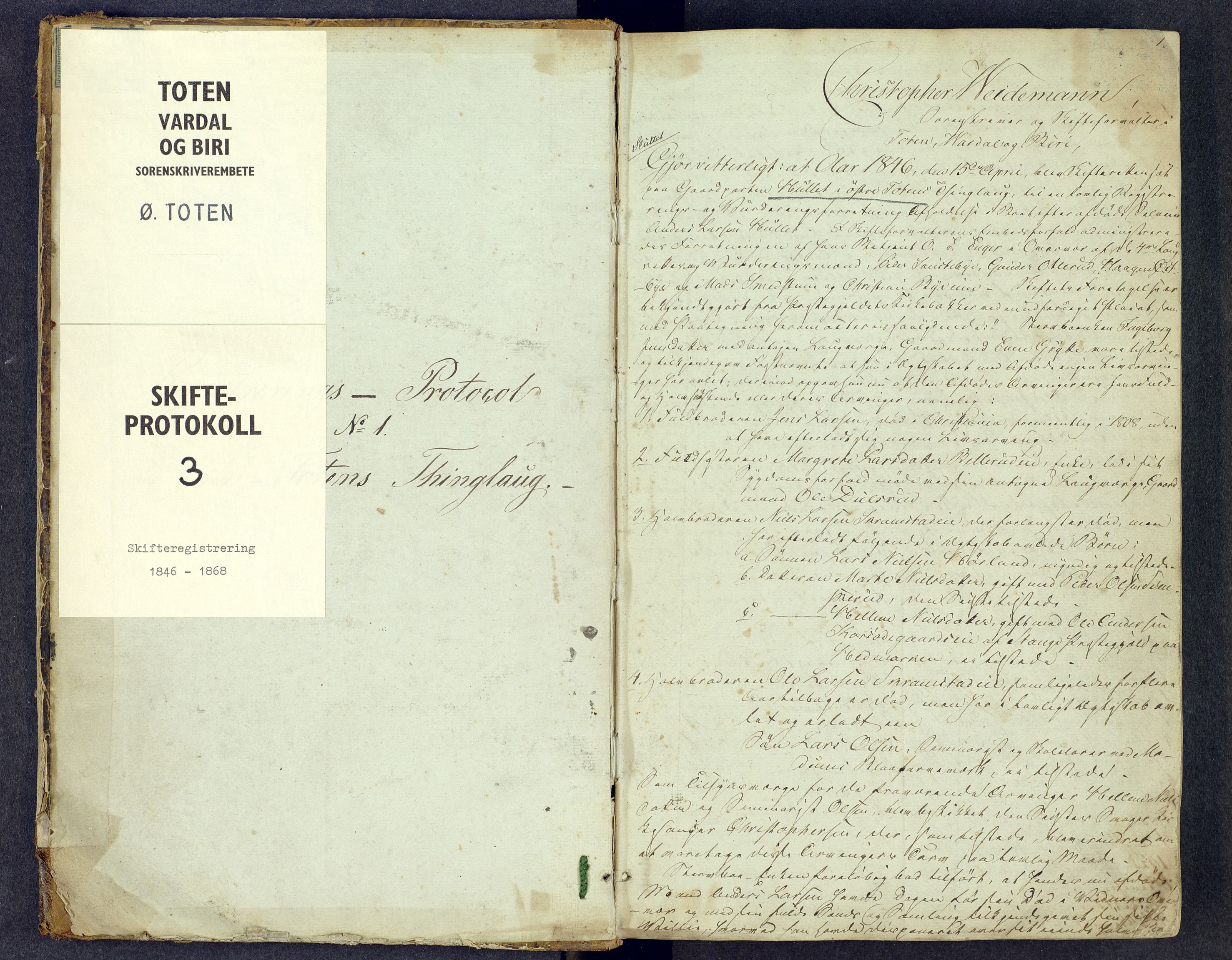 Toten tingrett, SAH/TING-006/J/Je/L0003: Skifteregistreringsprotokoll - Østre Toten, 1846-1868, p. 0b-1a