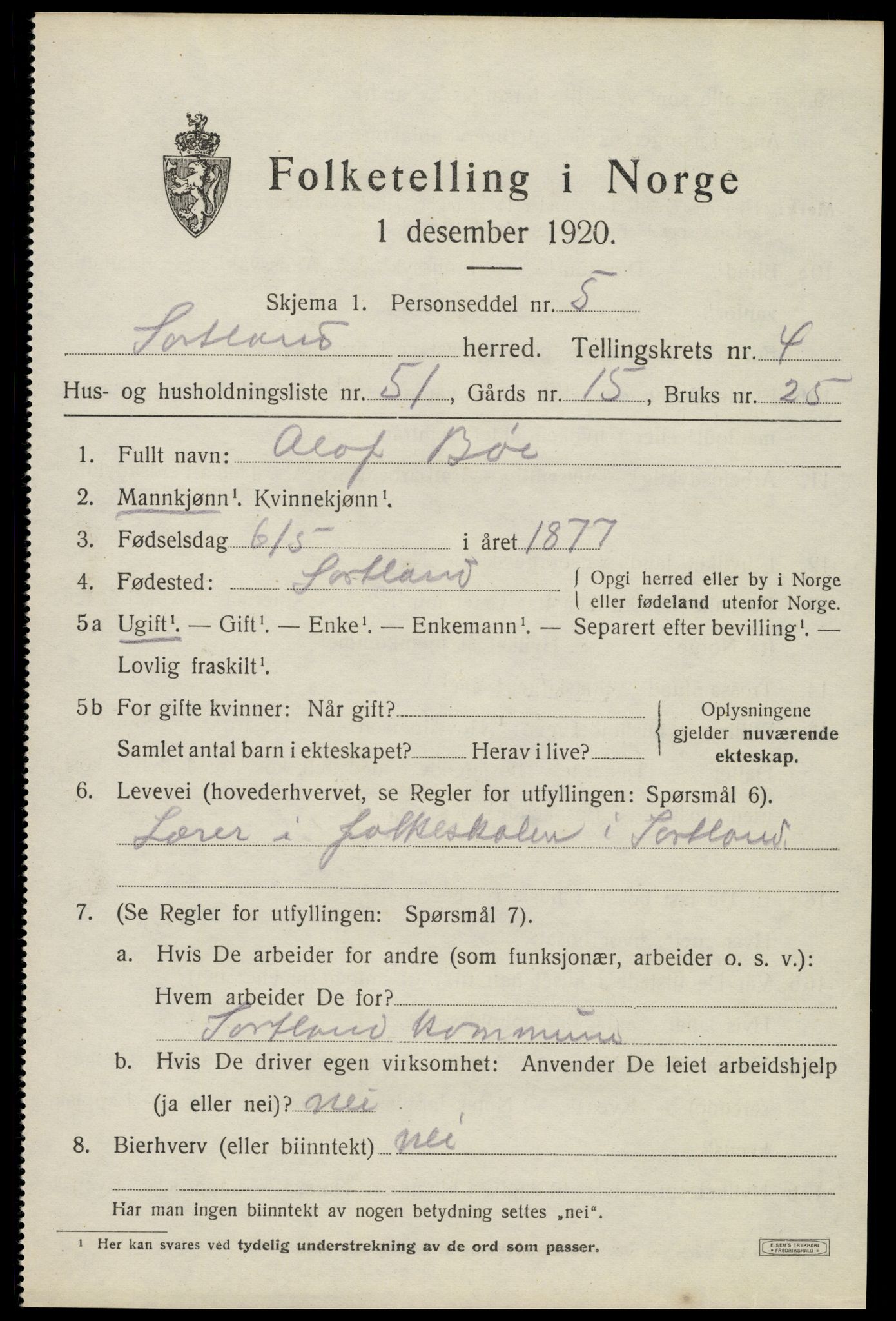 SAT, 1920 census for Sortland, 1920, p. 5470