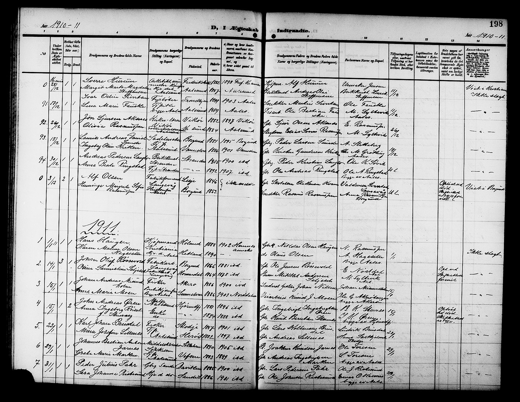 Ministerialprotokoller, klokkerbøker og fødselsregistre - Møre og Romsdal, SAT/A-1454/529/L0470: Parish register (copy) no. 529C07, 1907-1917, p. 198