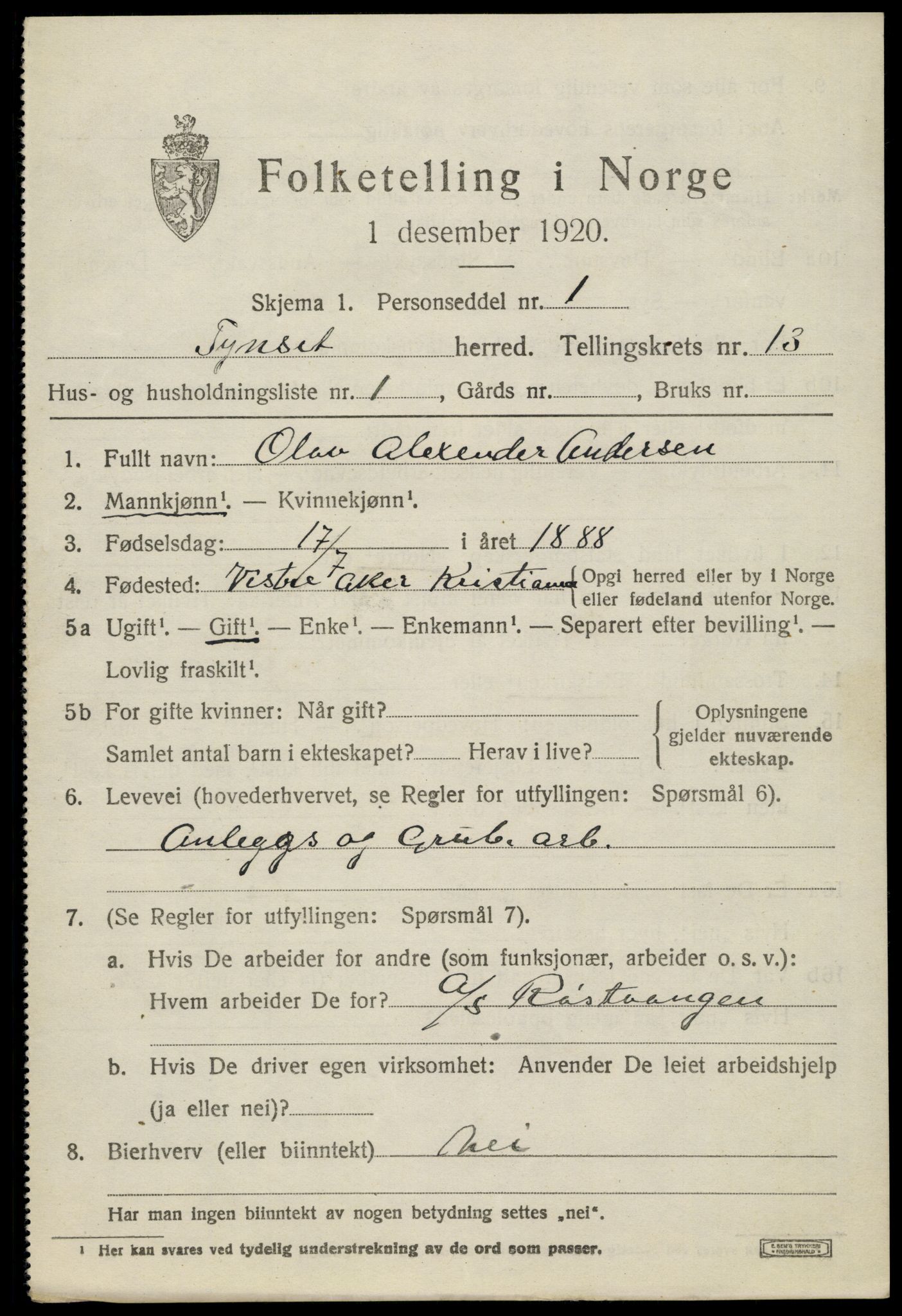 SAH, 1920 census for Tynset, 1920, p. 8498