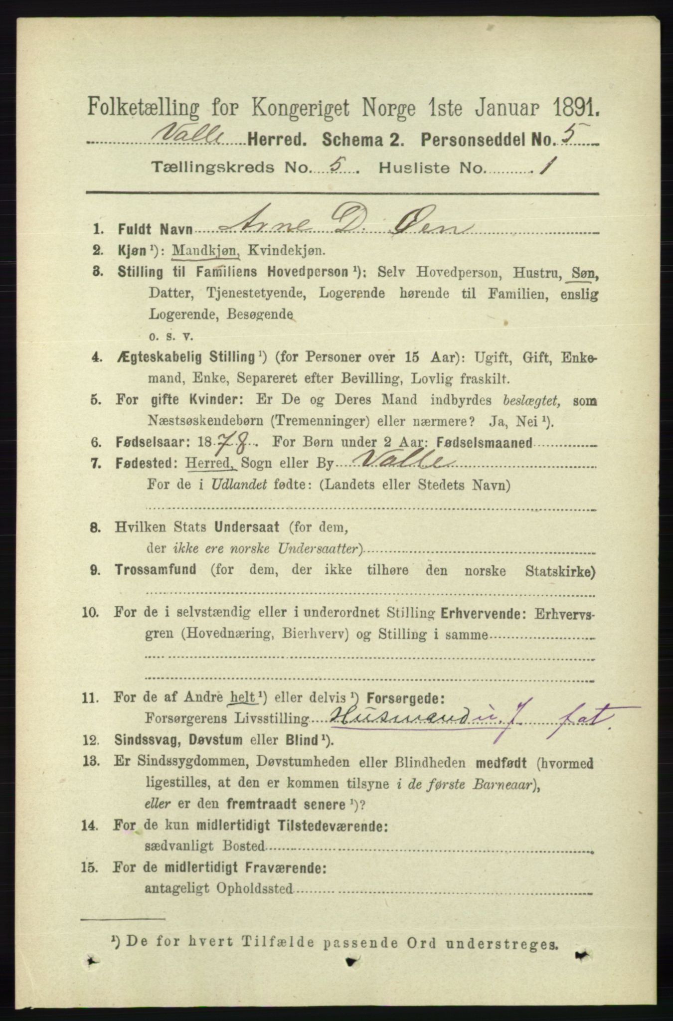 RA, 1891 census for 0940 Valle, 1891, p. 1335