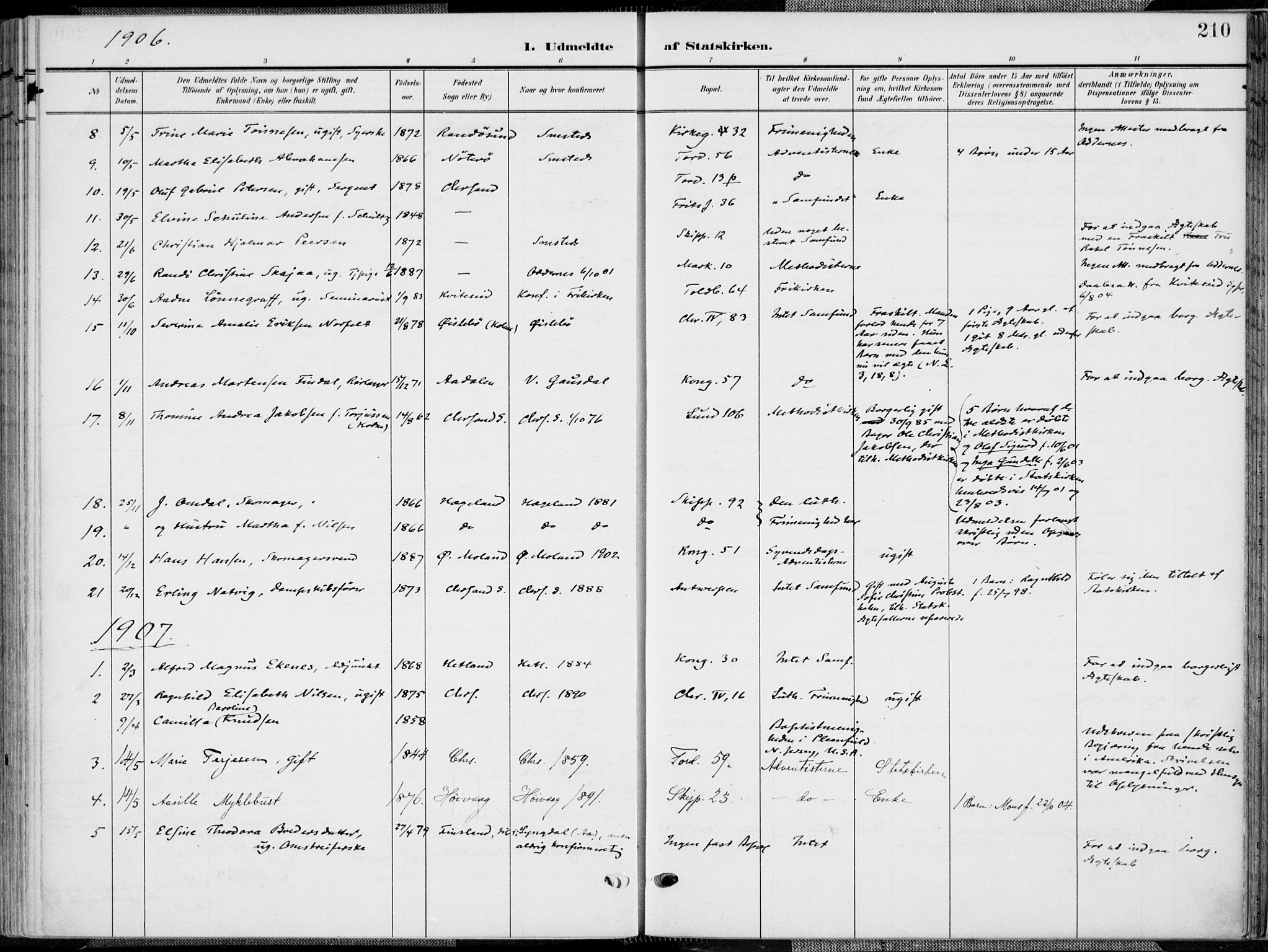 Kristiansand domprosti, SAK/1112-0006/F/Fa/L0022: Parish register (official) no. A 21, 1905-1916, p. 210