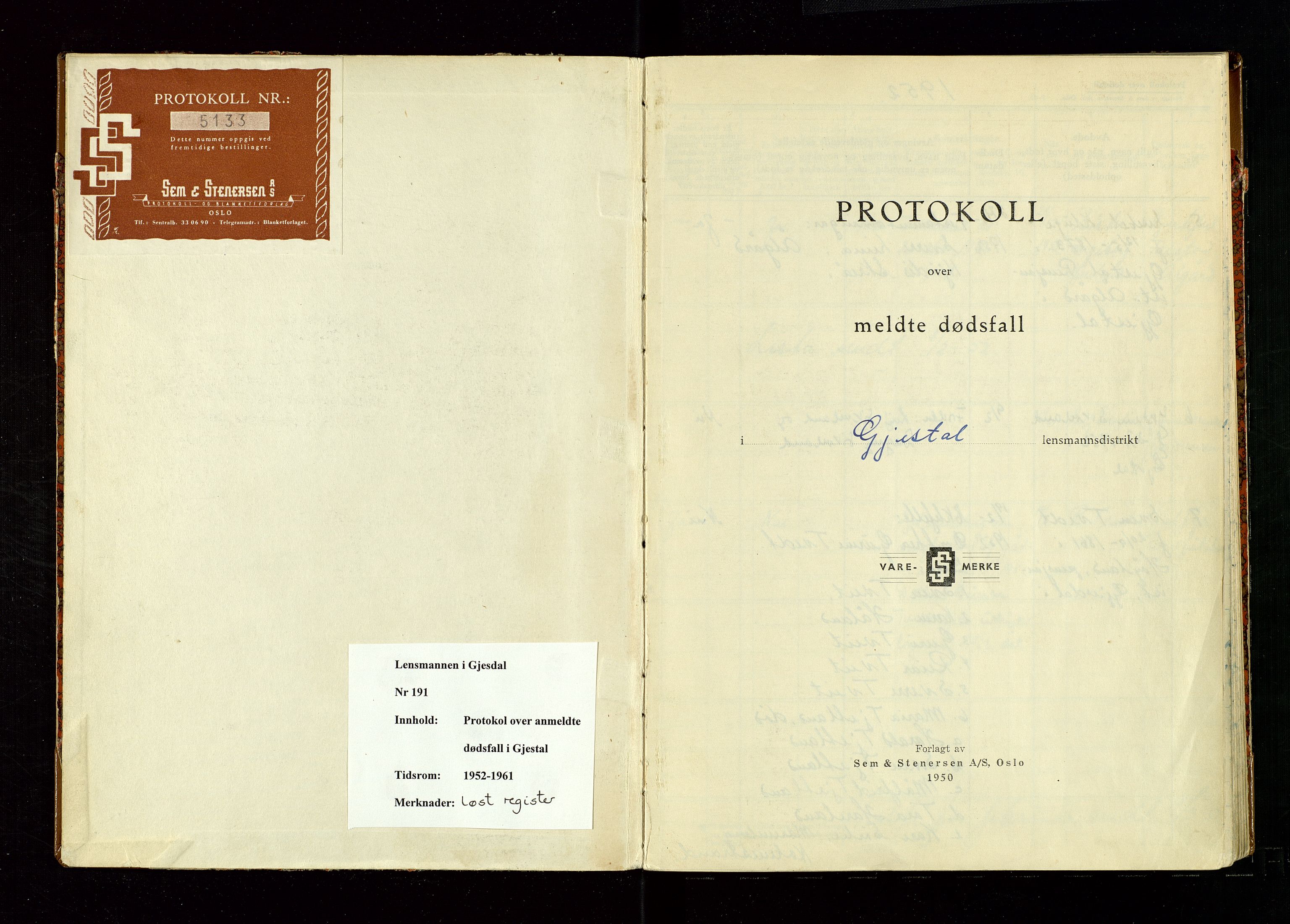 Gjesdal lensmannskontor, AV/SAST-A-100441/Gga/L0004: Dødsfallprotokoll, 1952-1961