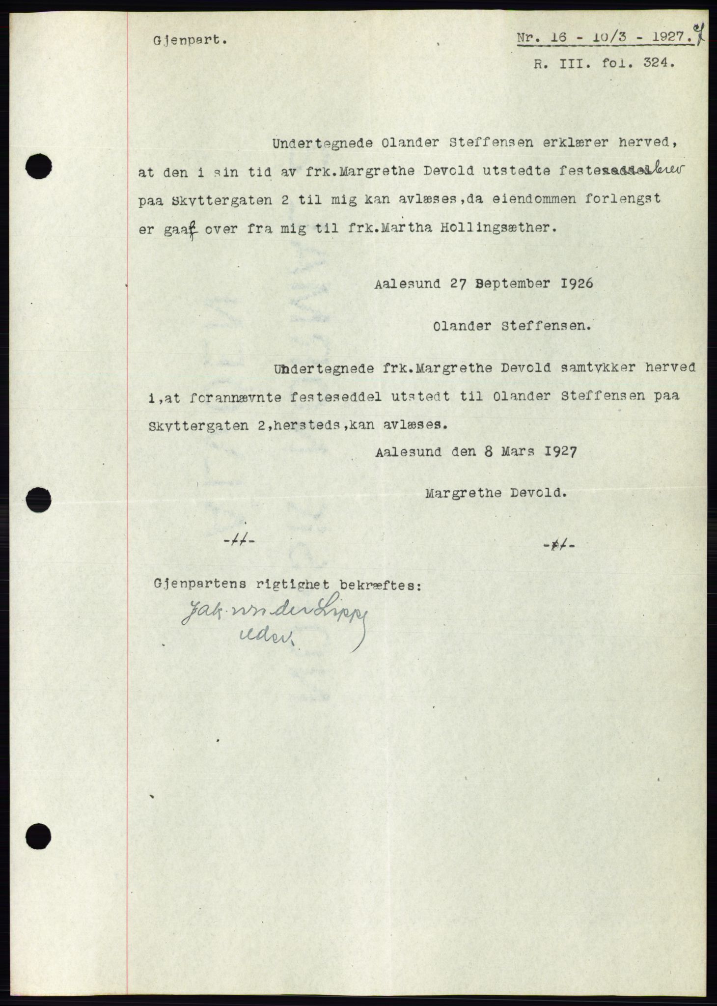 Ålesund byfogd, AV/SAT-A-4384: Mortgage book no. 21, 1926-1927, Deed date: 10.03.1927