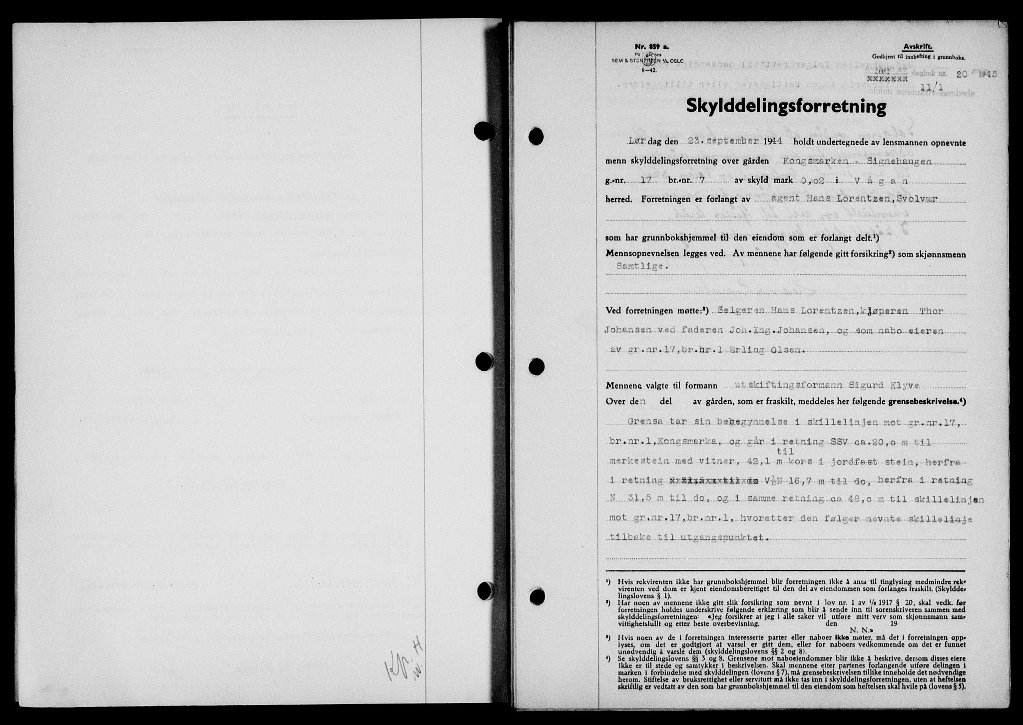 Lofoten sorenskriveri, SAT/A-0017/1/2/2C/L0013a: Mortgage book no. 13a, 1944-1946, Diary no: : 20/1945