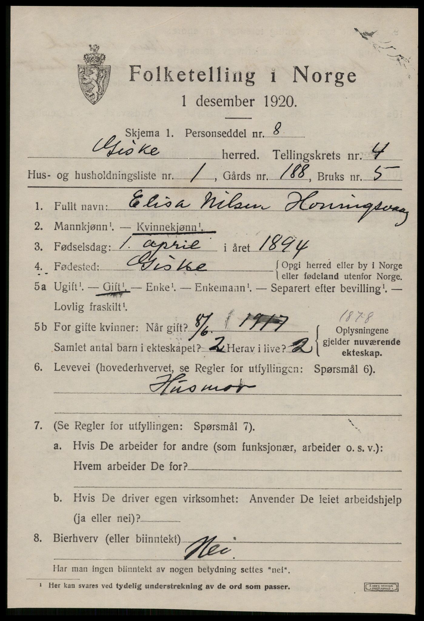 SAT, 1920 census for Giske, 1920, p. 2638