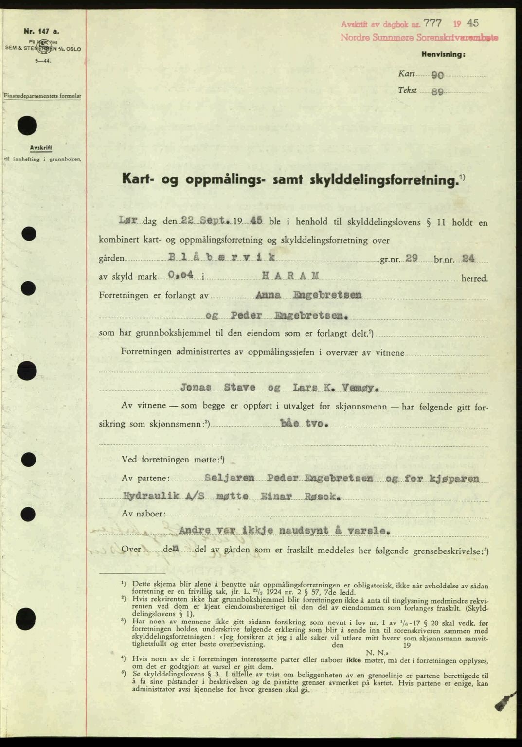 Nordre Sunnmøre sorenskriveri, AV/SAT-A-0006/1/2/2C/2Ca: Mortgage book no. A20a, 1945-1945, Diary no: : 777/1945