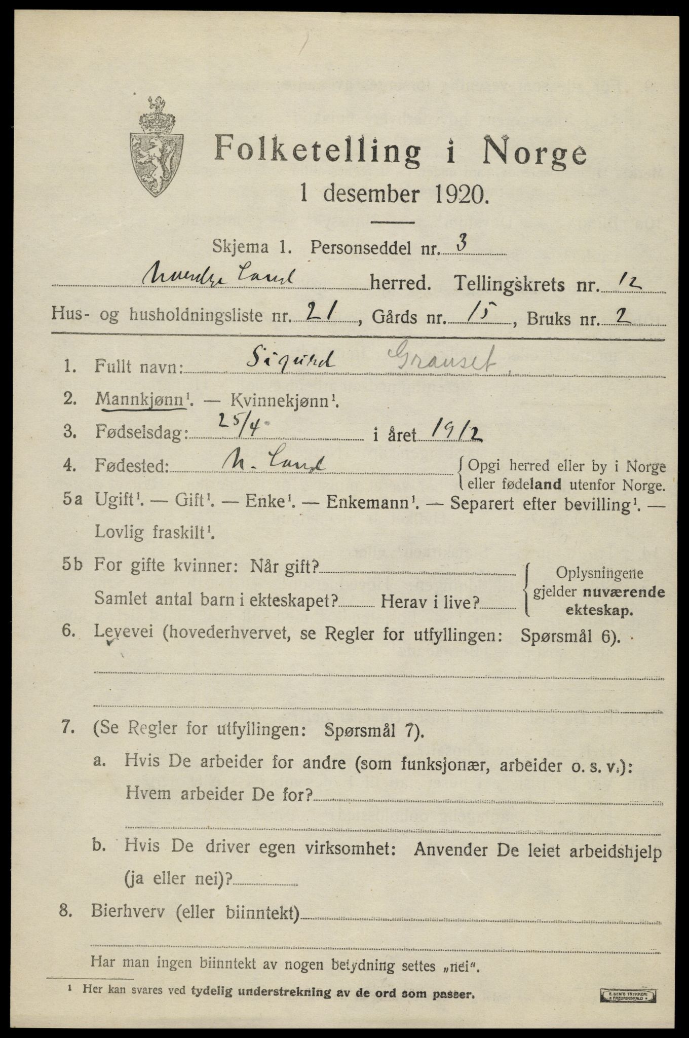 SAH, 1920 census for Nordre Land, 1920, p. 6096