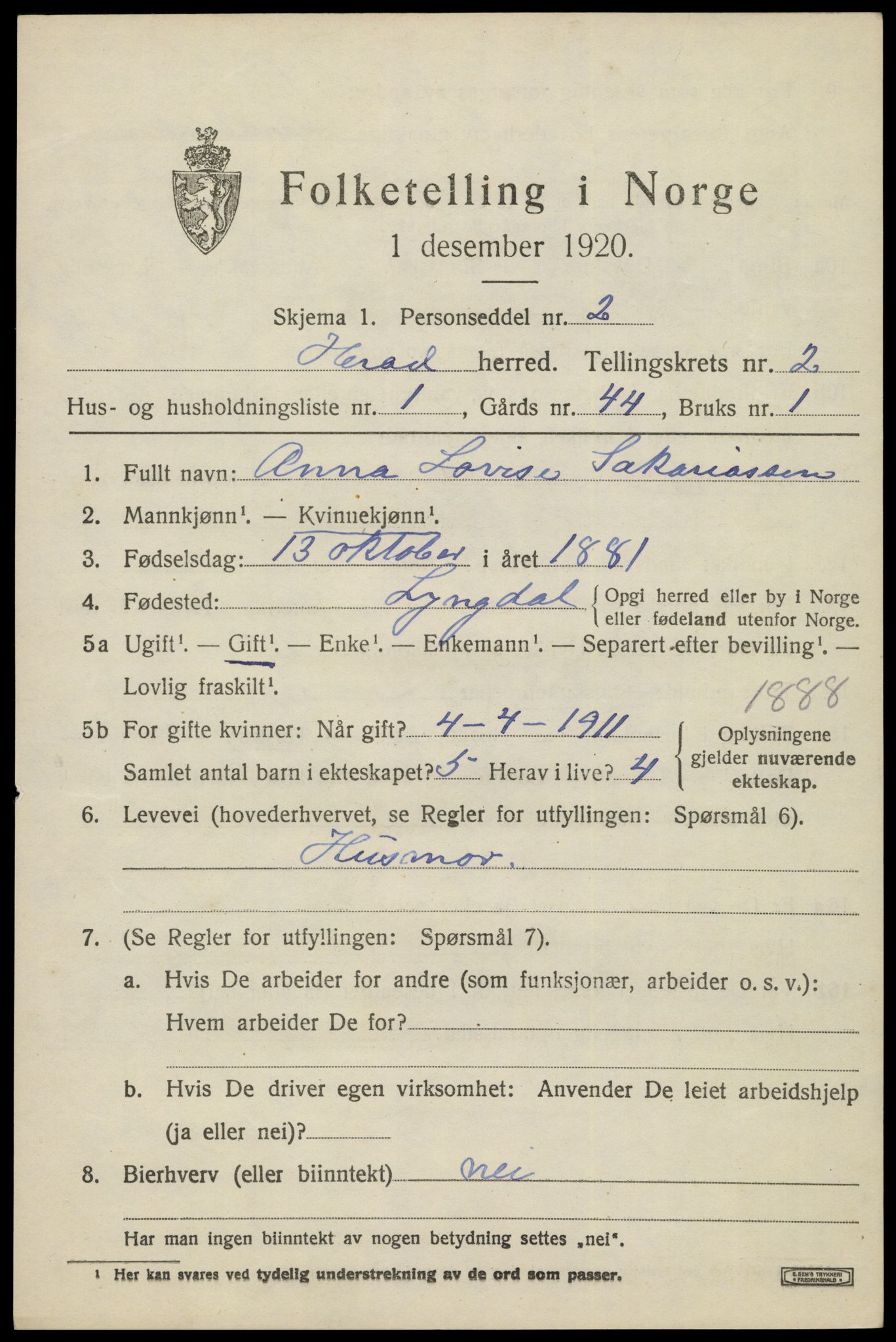 SAK, 1920 census for Herad, 1920, p. 1044