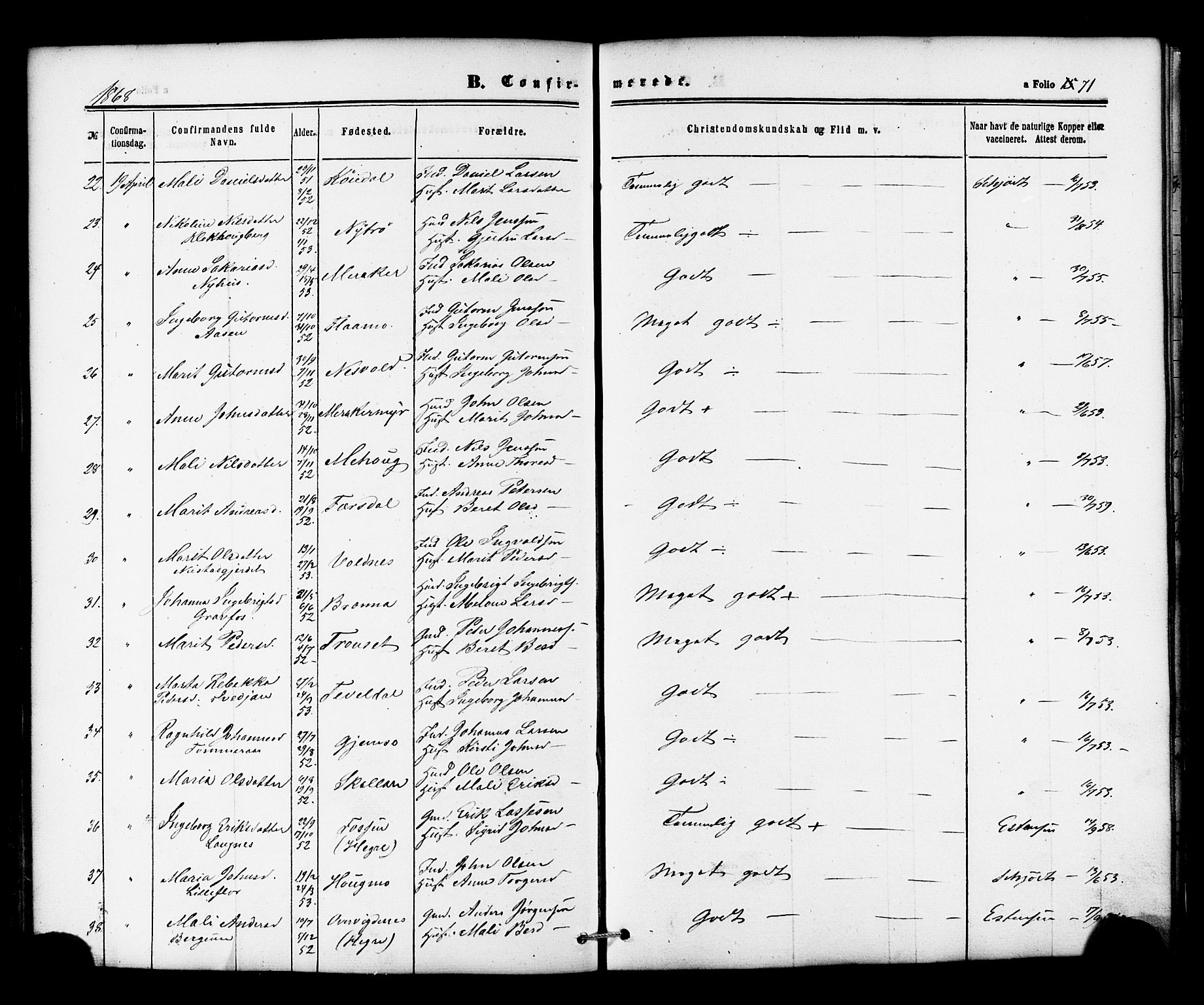 Ministerialprotokoller, klokkerbøker og fødselsregistre - Nord-Trøndelag, SAT/A-1458/706/L0041: Parish register (official) no. 706A02, 1862-1877, p. 71