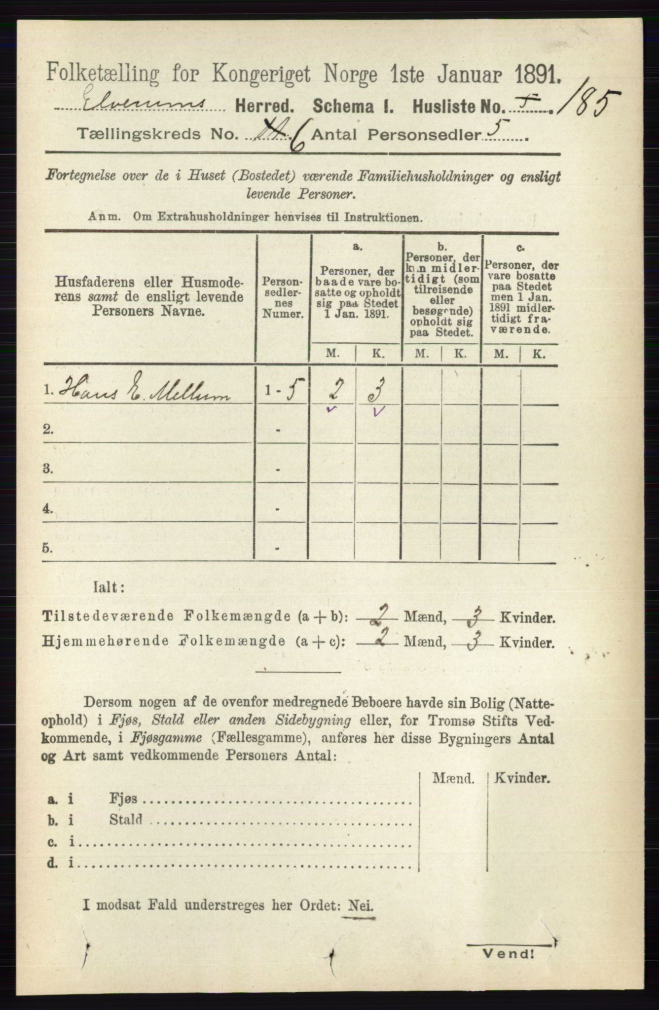 RA, 1891 census for 0427 Elverum, 1891, p. 4343