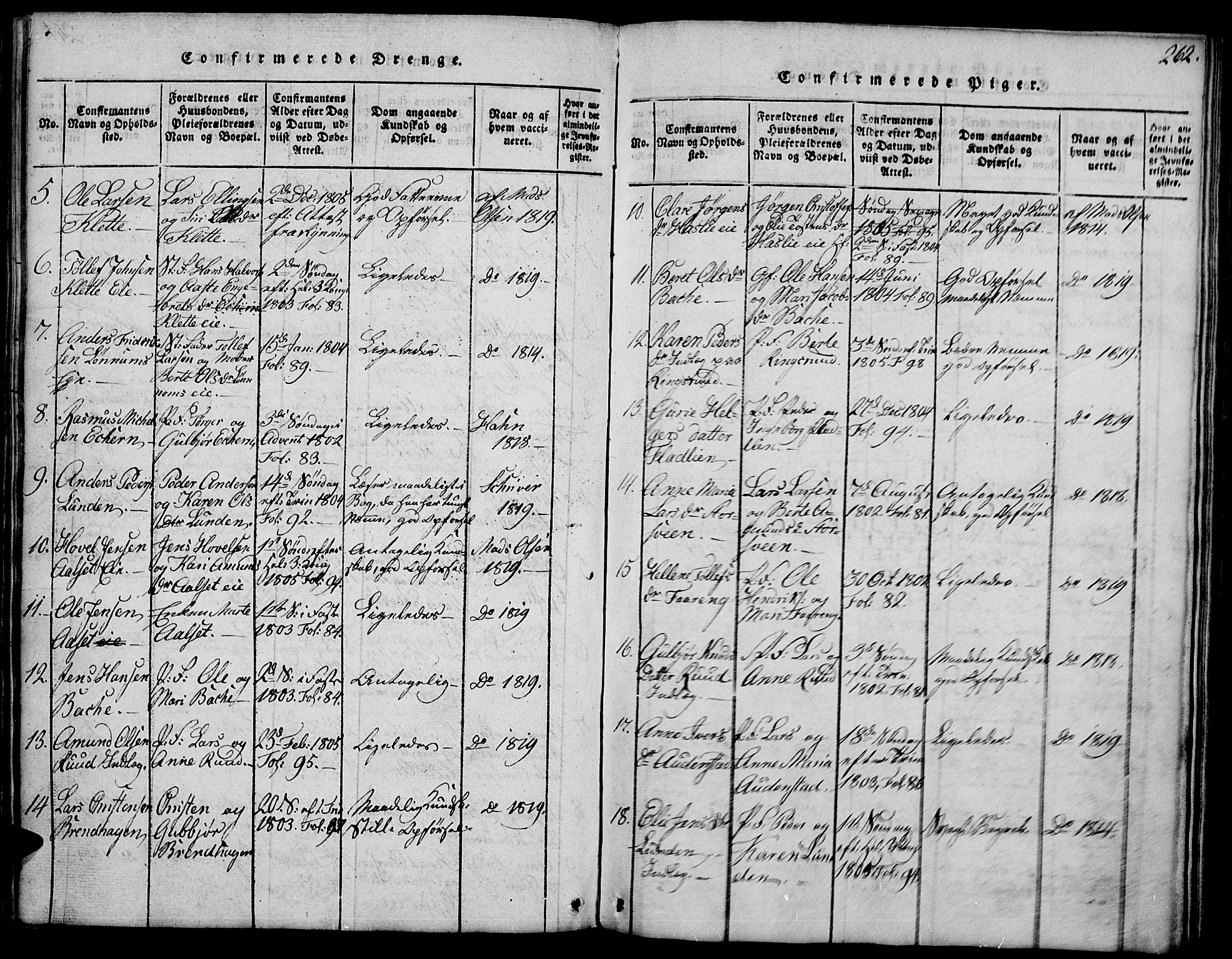 Biri prestekontor, AV/SAH-PREST-096/H/Ha/Hab/L0001: Parish register (copy) no. 1, 1814-1828, p. 262