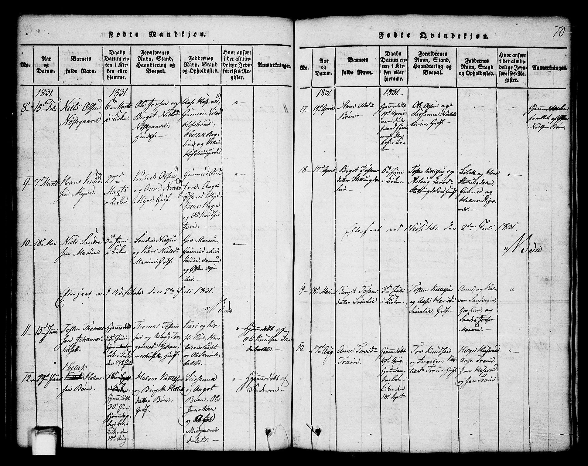 Tinn kirkebøker, SAKO/A-308/G/Ga/L0001: Parish register (copy) no. I 1, 1815-1850, p. 70