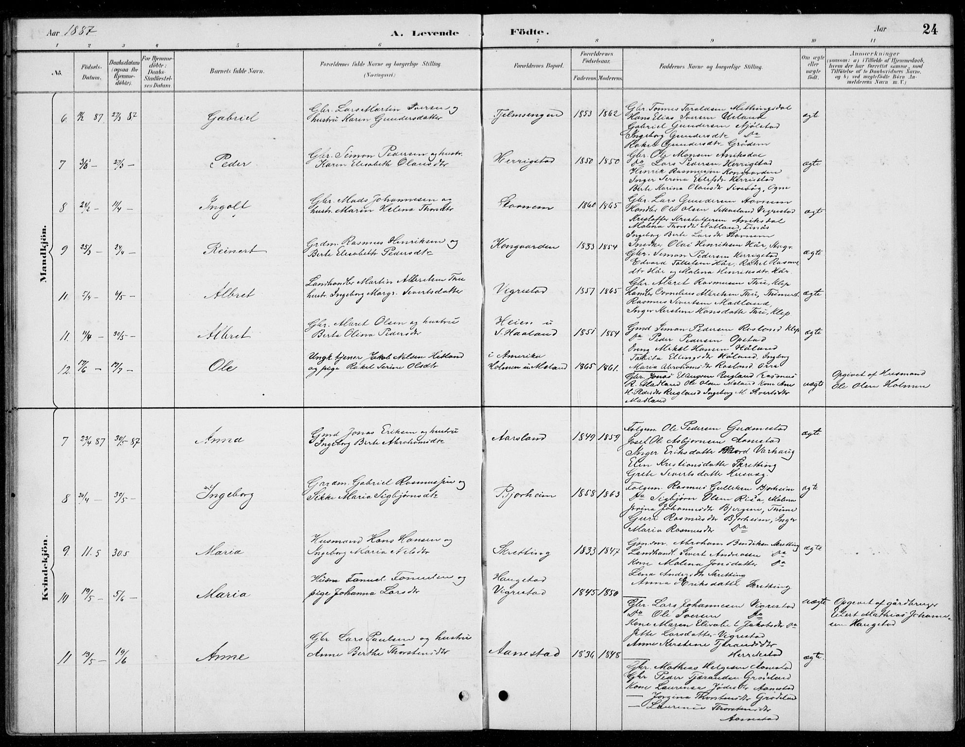 Hå sokneprestkontor, SAST/A-101801/001/30BB/L0004: Parish register (copy) no. B 4, 1883-1899, p. 24