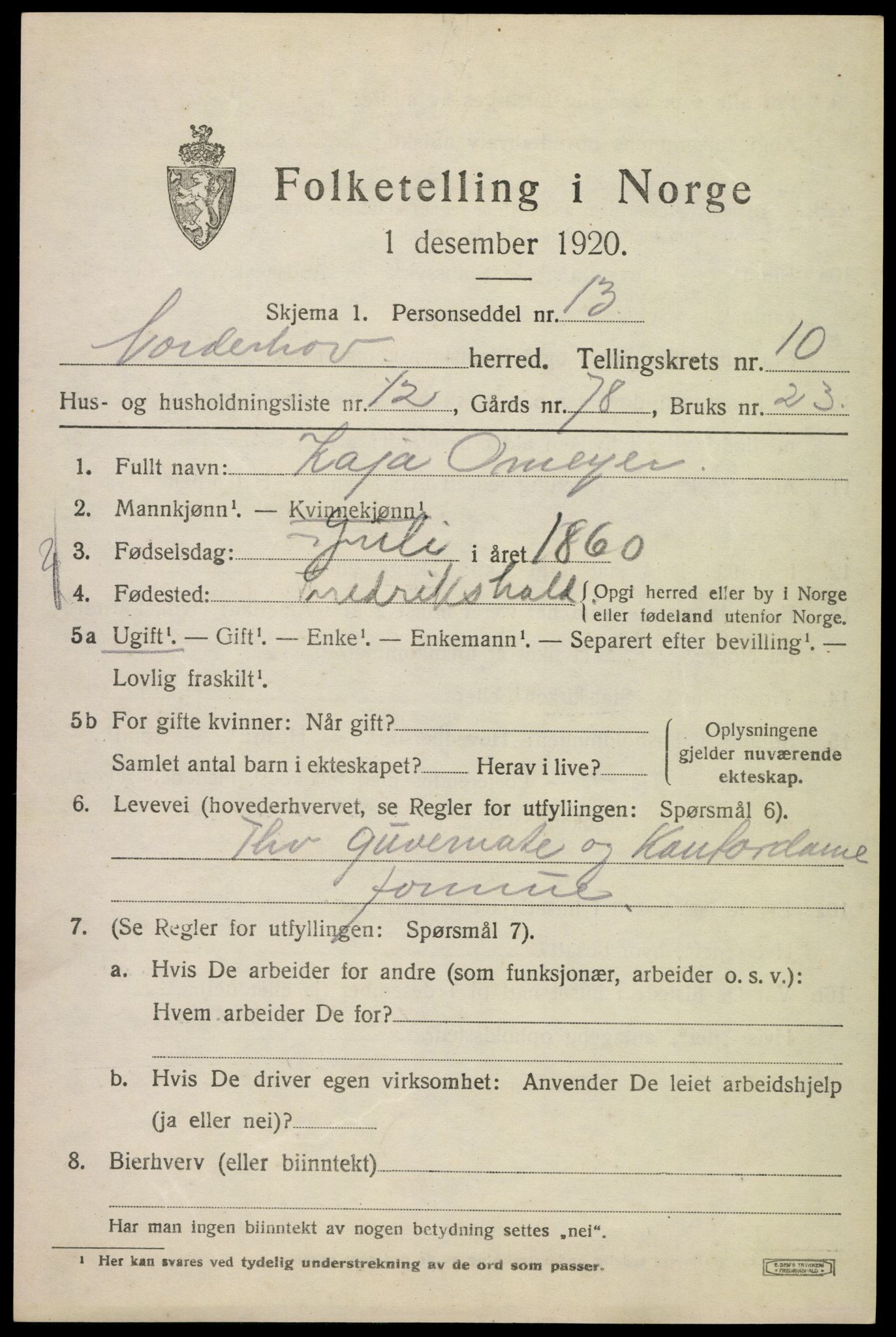 SAKO, 1920 census for Norderhov, 1920, p. 12178