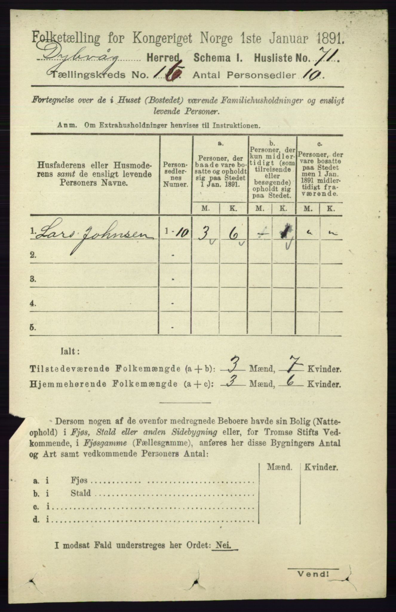 RA, 1891 census for 0915 Dypvåg, 1891, p. 6395