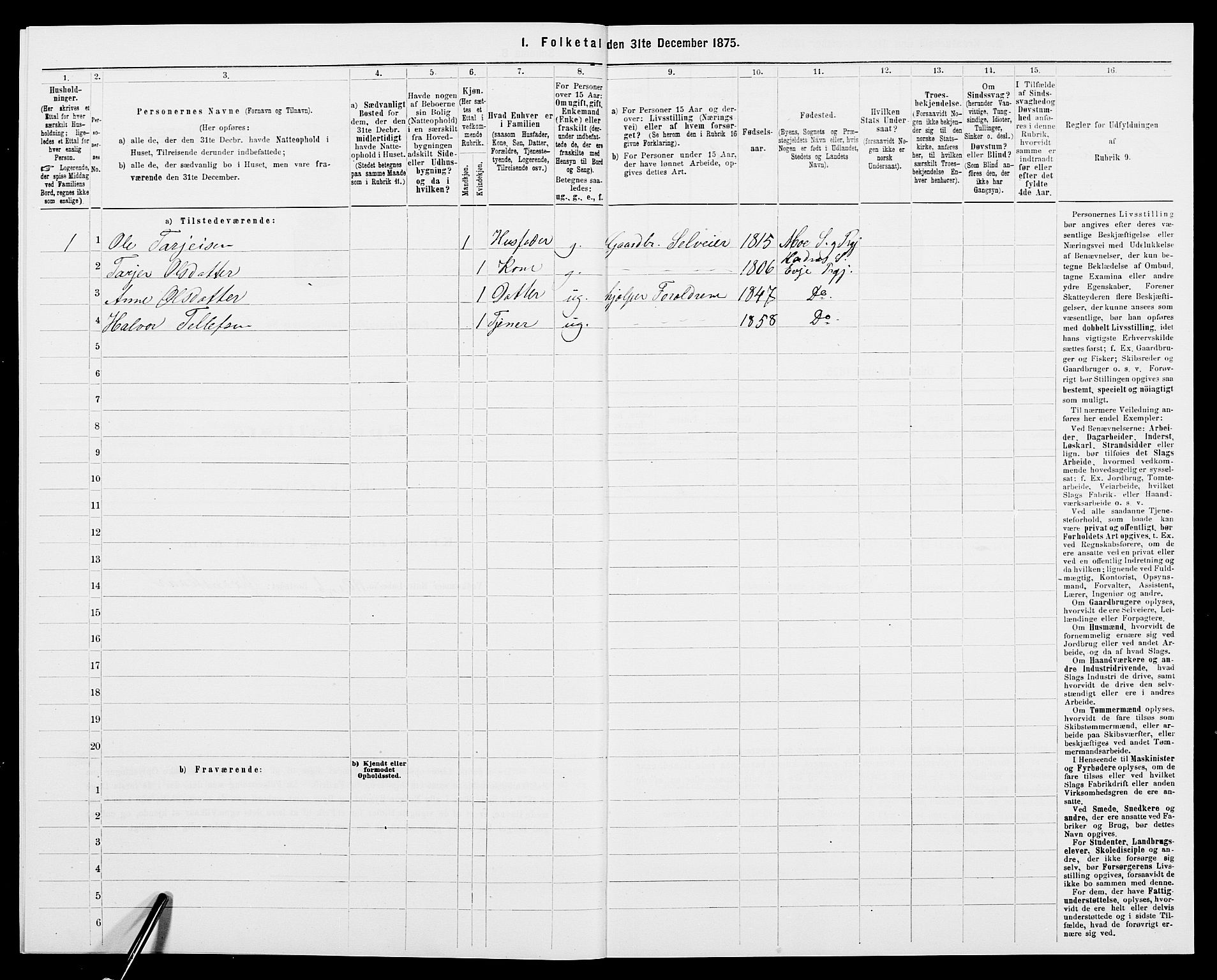 SAK, 1875 census for 0934P Evje, 1875, p. 516