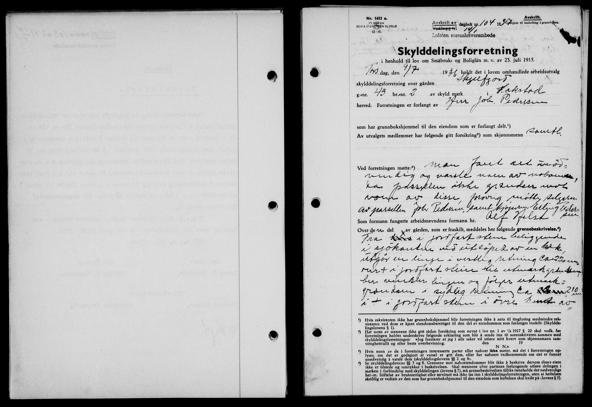 Lofoten sorenskriveri, SAT/A-0017/1/2/2C/L0001a: Mortgage book no. 1a, 1936-1937, Diary no: : 104/1937