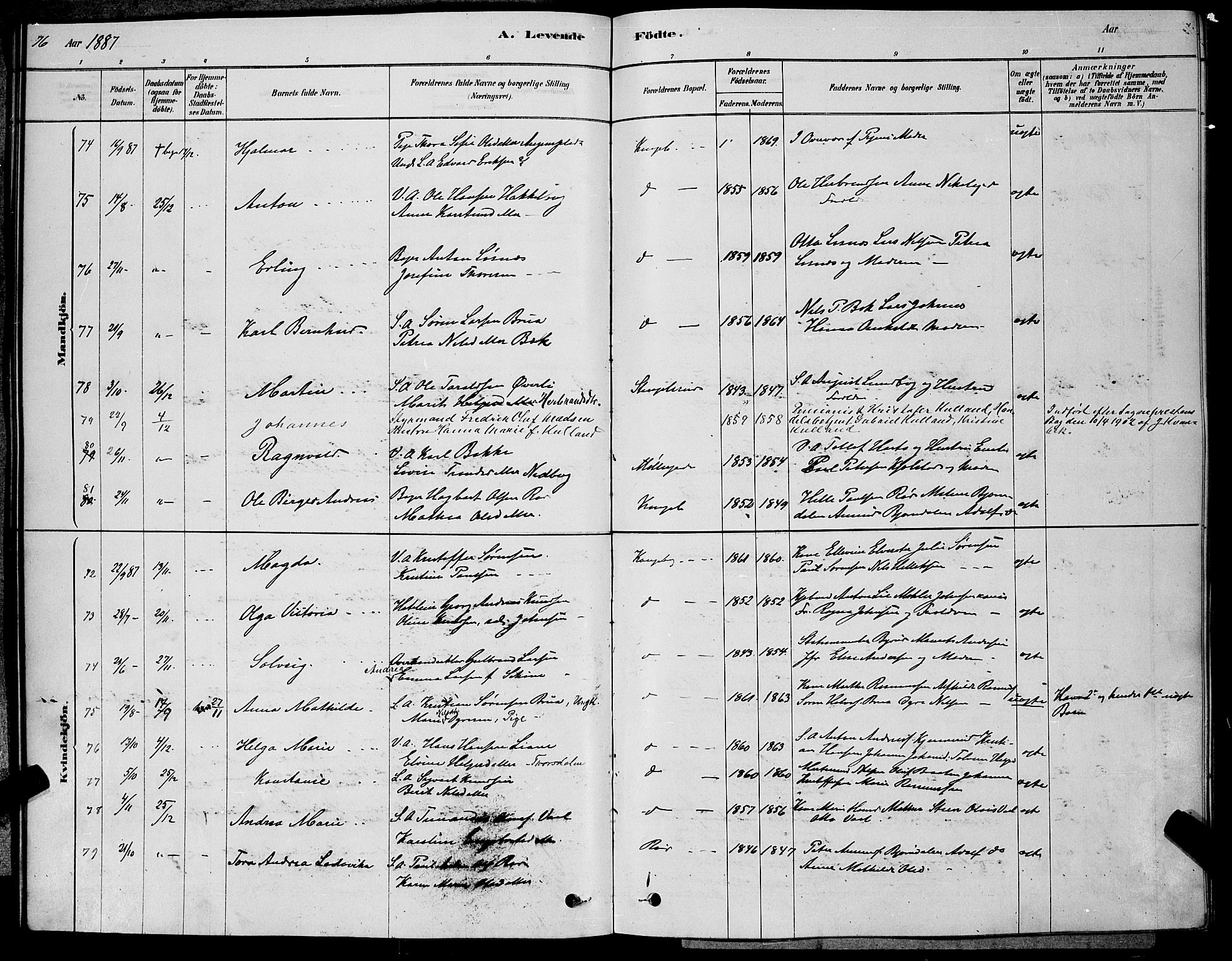 Kongsberg kirkebøker, SAKO/A-22/G/Ga/L0005: Parish register (copy) no. 5, 1878-1889, p. 76