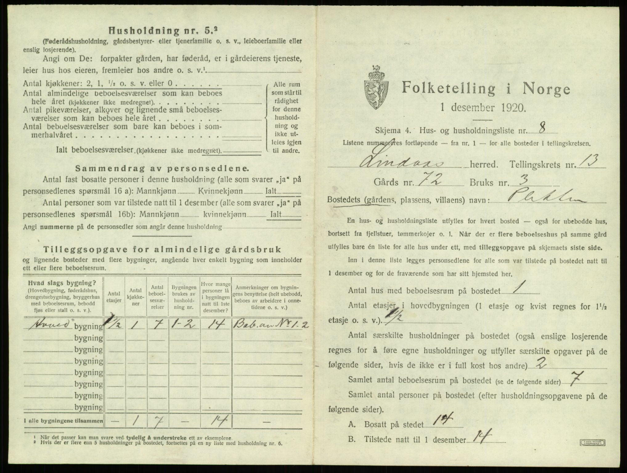 SAB, 1920 census for Lindås, 1920, p. 839