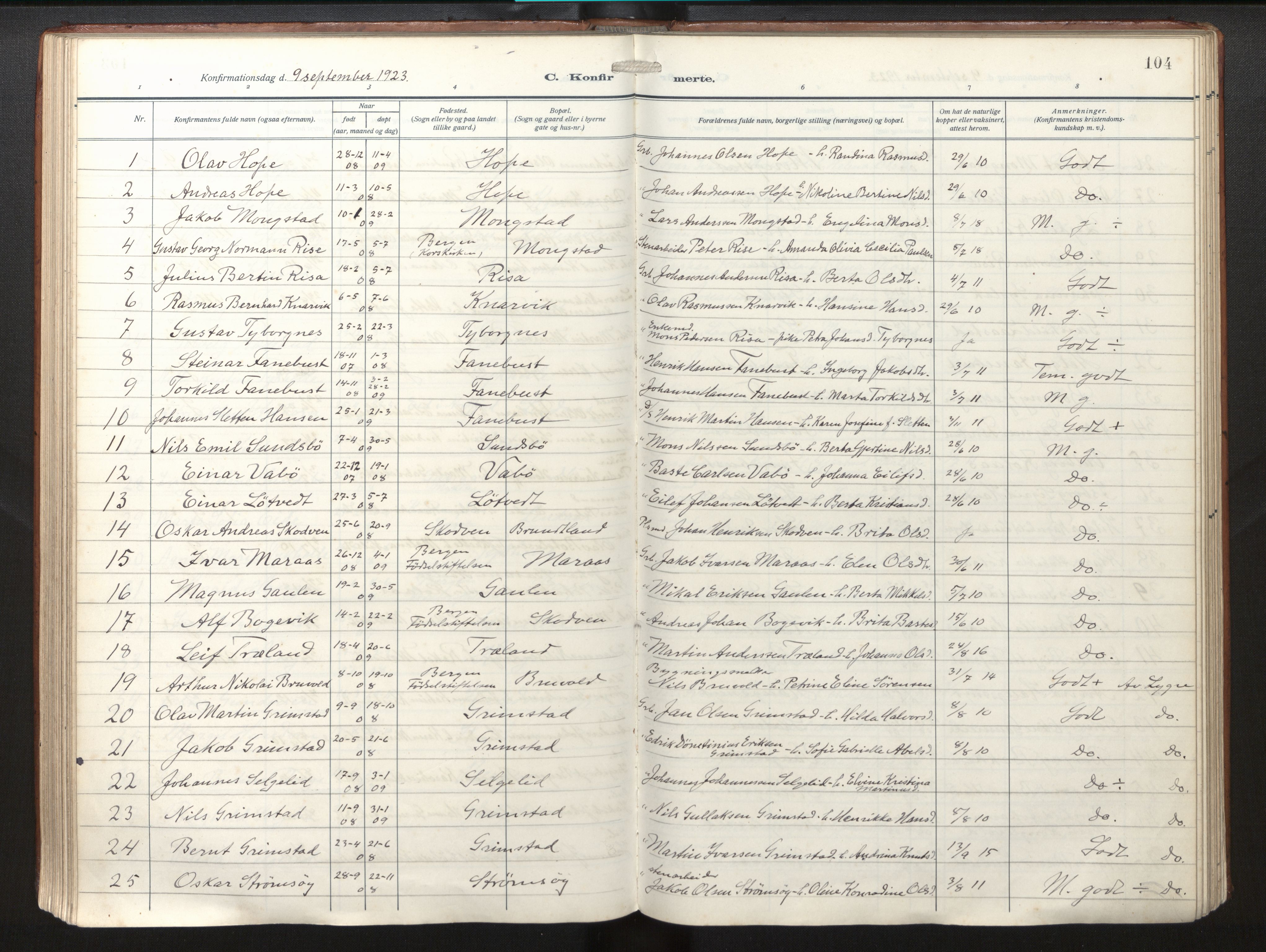 Lindås Sokneprestembete, SAB/A-76701/H/Haa/Haab/L0003: Parish register (official) no. B 3, 1912-1929, p. 104