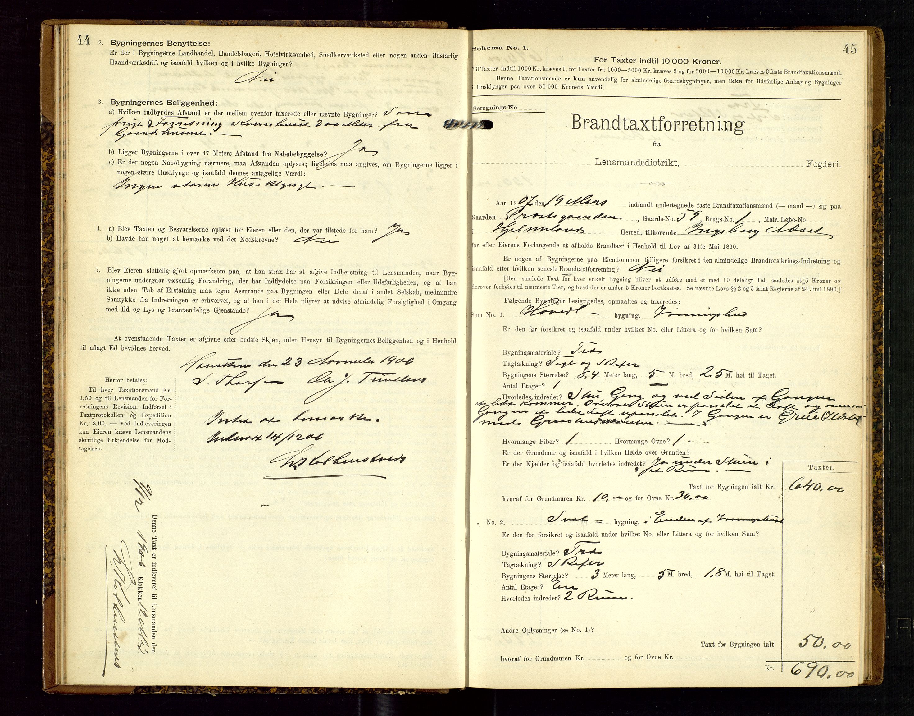 Hjelmeland lensmannskontor, SAST/A-100439/Gob/L0002: "Brandtaxationsprotokol", 1904-1920, p. 44-45