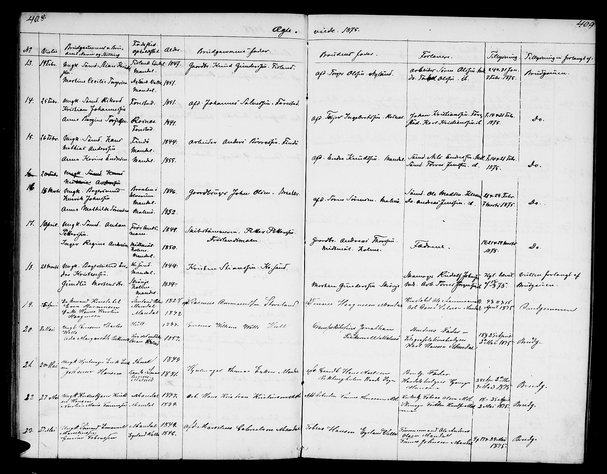 Mandal sokneprestkontor, AV/SAK-1111-0030/F/Fb/Fba/L0009: Parish register (copy) no. B 3, 1867-1877, p. 408-409