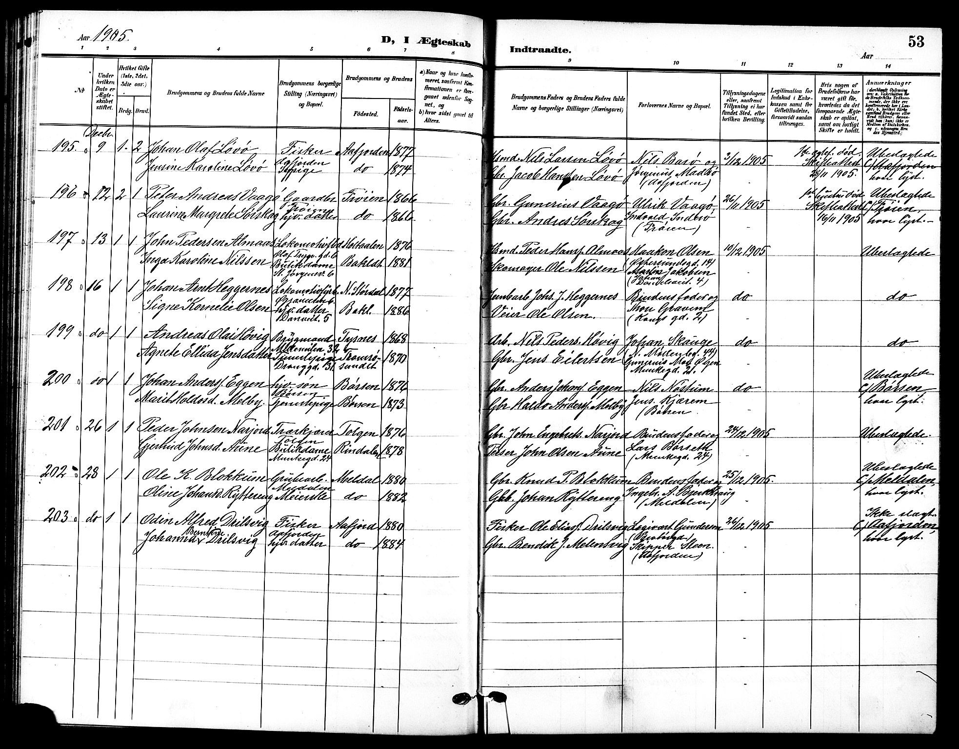 Ministerialprotokoller, klokkerbøker og fødselsregistre - Sør-Trøndelag, SAT/A-1456/601/L0095: Parish register (copy) no. 601C13, 1902-1911, p. 53