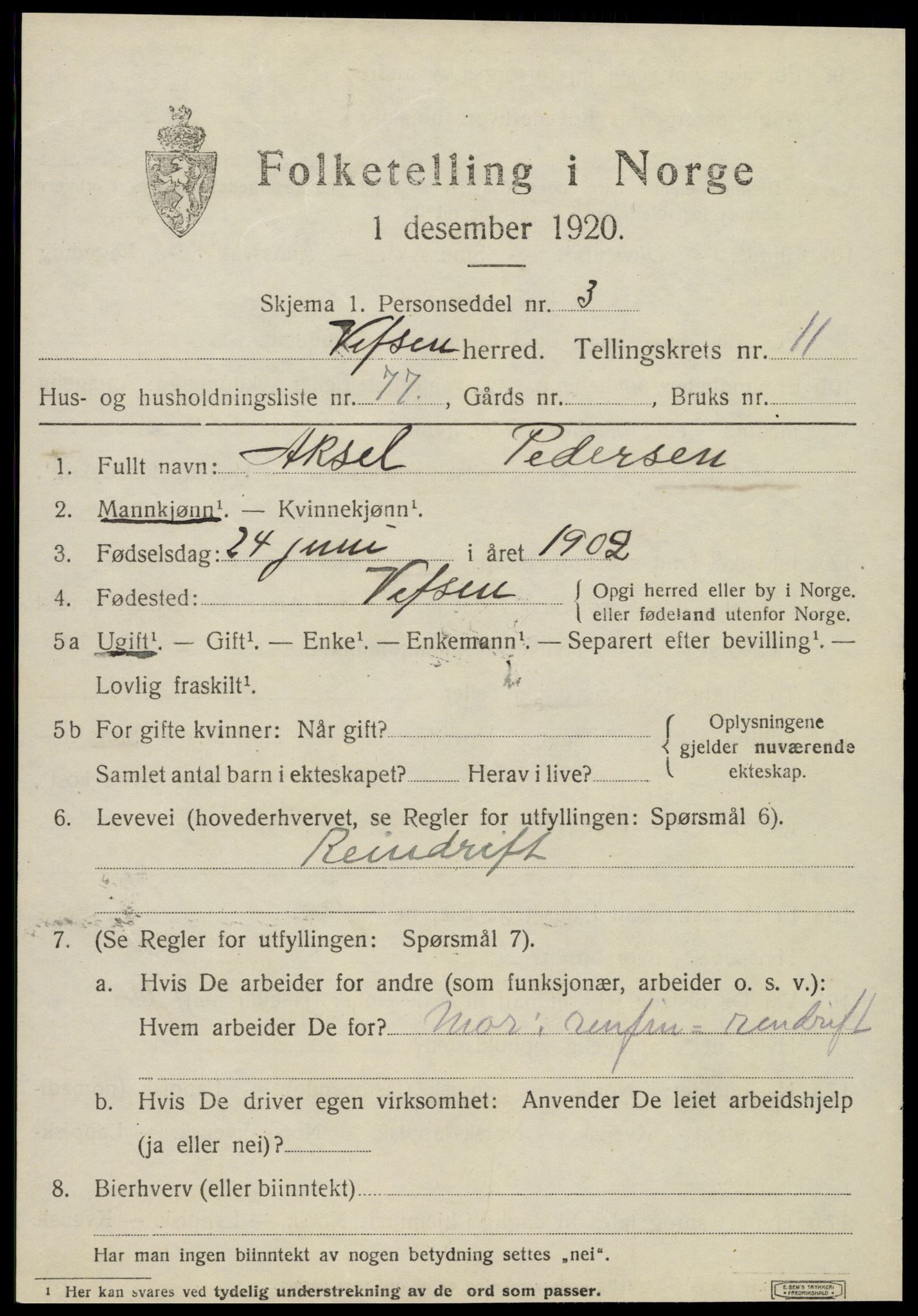 SAT, 1920 census for Vefsn, 1920, p. 9447